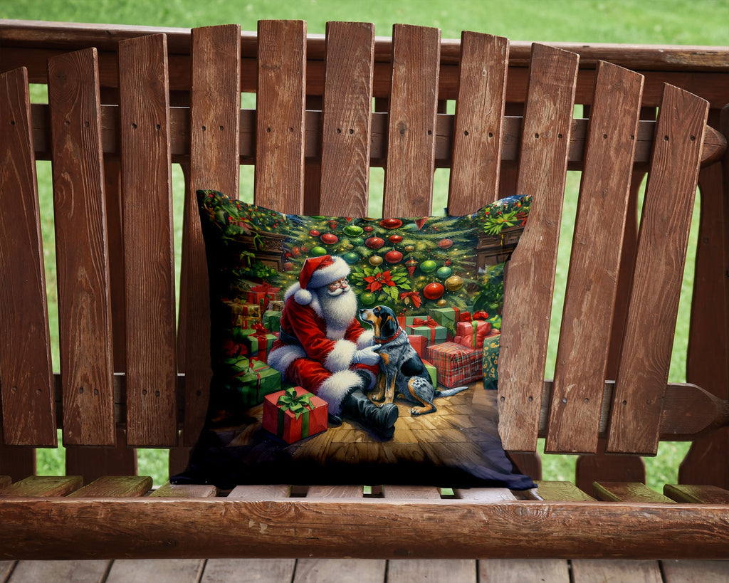 Bluetick Hound and Santa Claus Decorative Throw Pillow 14x14 Indoor Outdoor Accent Cushion, Fabric Cover with Insert for Sofa, Bed, Porch & Living Room