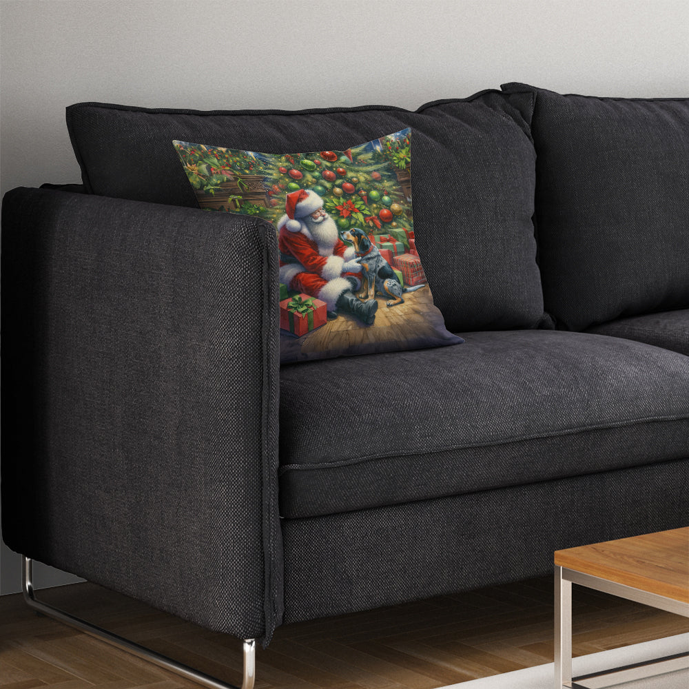 Bluetick Hound and Santa Claus Decorative Throw Pillow 14x14 Indoor Outdoor Accent Cushion, Fabric Cover with Insert for Sofa, Bed, Porch & Living Room
