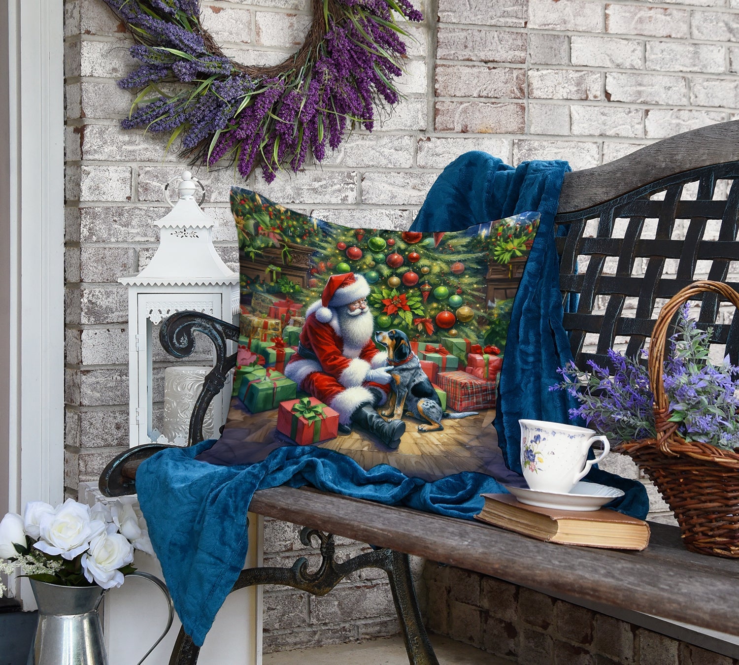 Bluetick Hound and Santa Claus Decorative Throw Pillow 18x18 Indoor Outdoor Accent Cushion, Fabric Cover with Insert for Sofa, Bed, Porch & Living Room