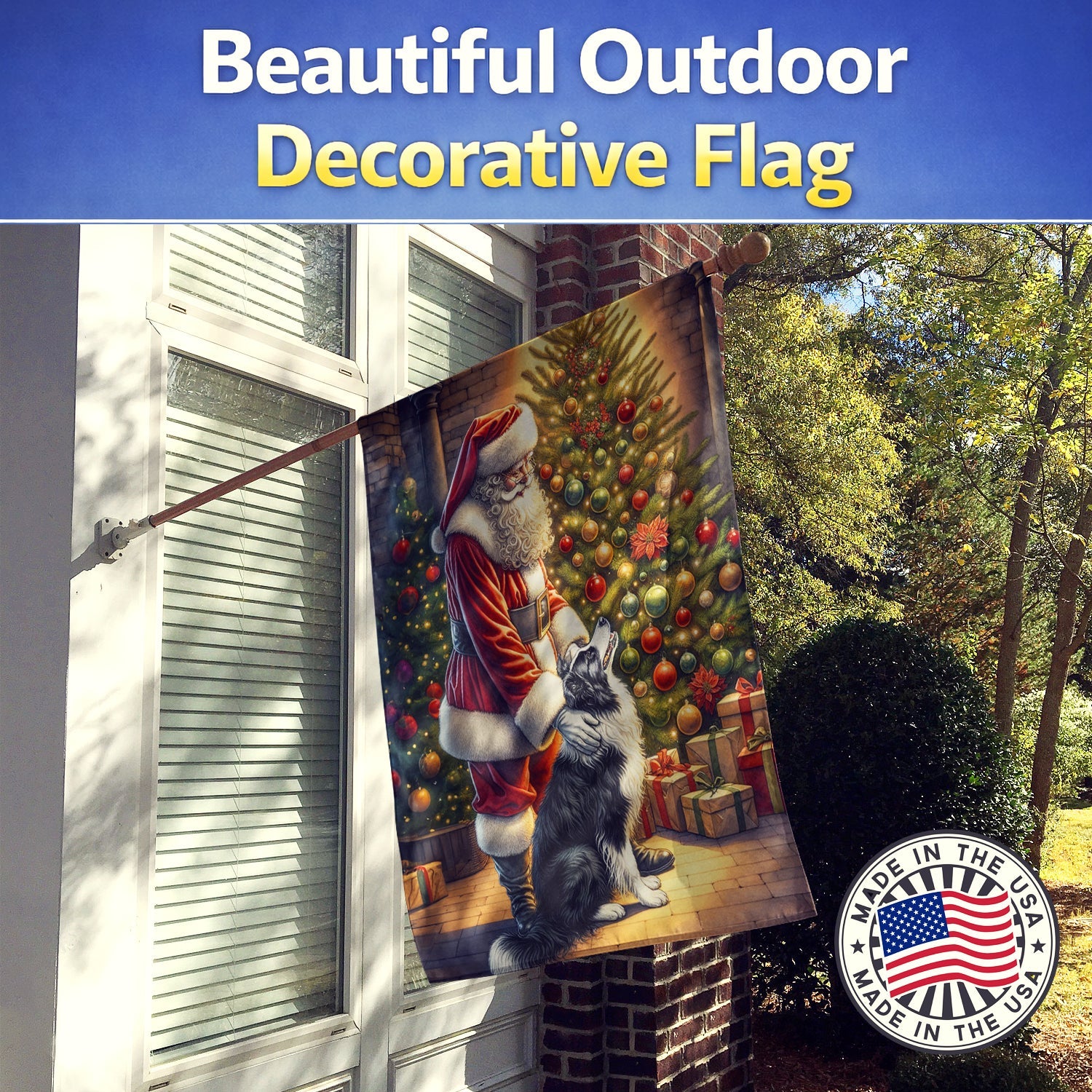 Border Collie and Santa Claus House Flag 28x40 Porch Sleeve Pole Decorative Outside Yard Banner Artwork Wall Hanging, Polyester