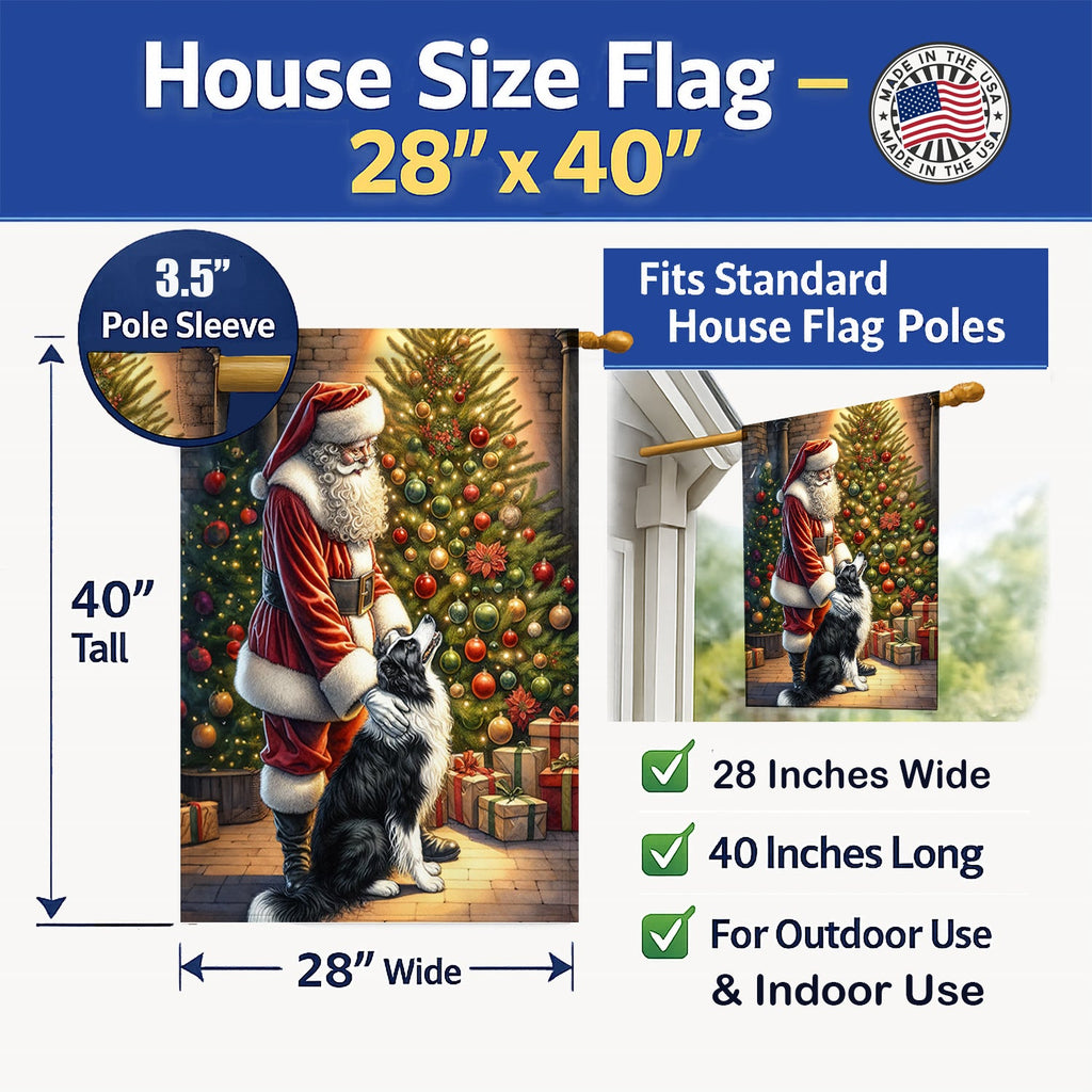 Border Collie and Santa Claus House Flag 28x40 Porch Sleeve Pole Decorative Outside Yard Banner Artwork Wall Hanging, Polyester