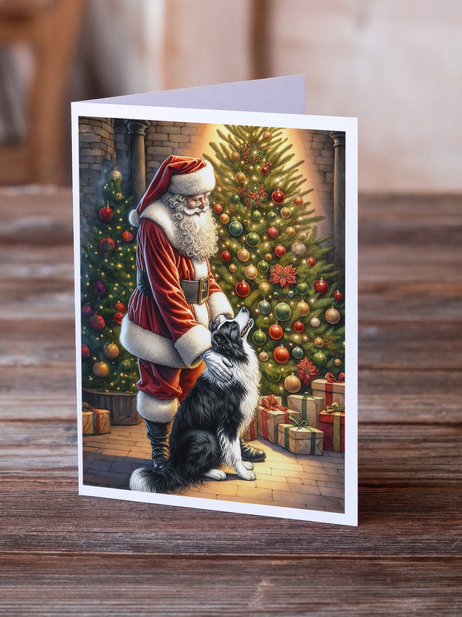 Border Collie and Santa Claus Greeting Cards Pack of 8 Blank Cards with Envelopes Whimsical A7 Size 5x7