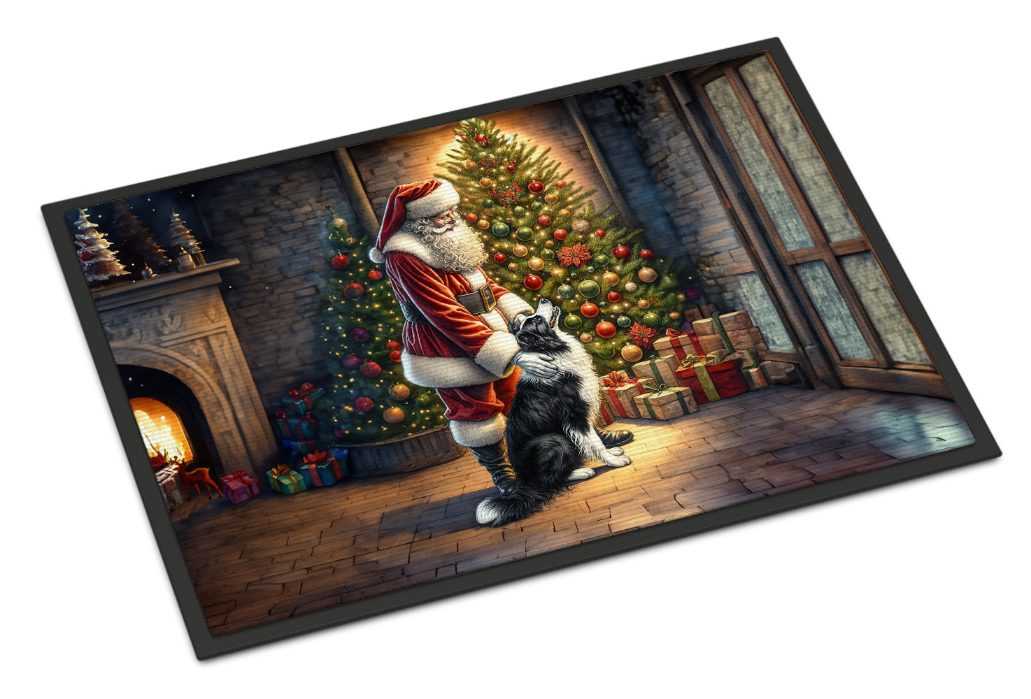 Border Collie and Santa Claus Doormat Indoor Outdoor 24H X 36W Front Door Mat Rugs for Entryway, Non Slip Washable Low Pile,