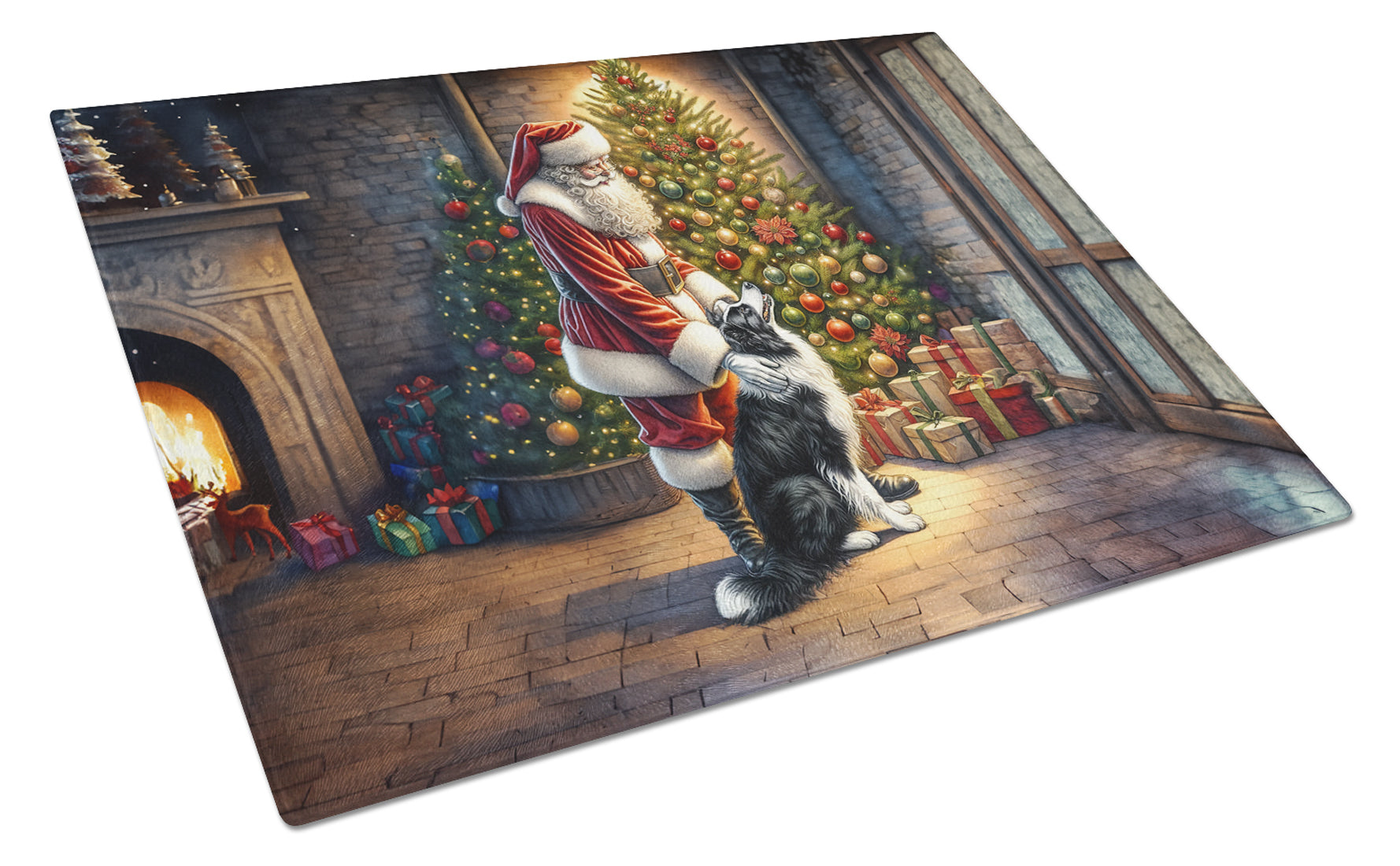 Border Collie and Santa Claus Cutting Board Tempered Glass Kitchen Cutting Surface, Heat Resistant Chopping, Non-Slip Feet, Food Prep & Serving