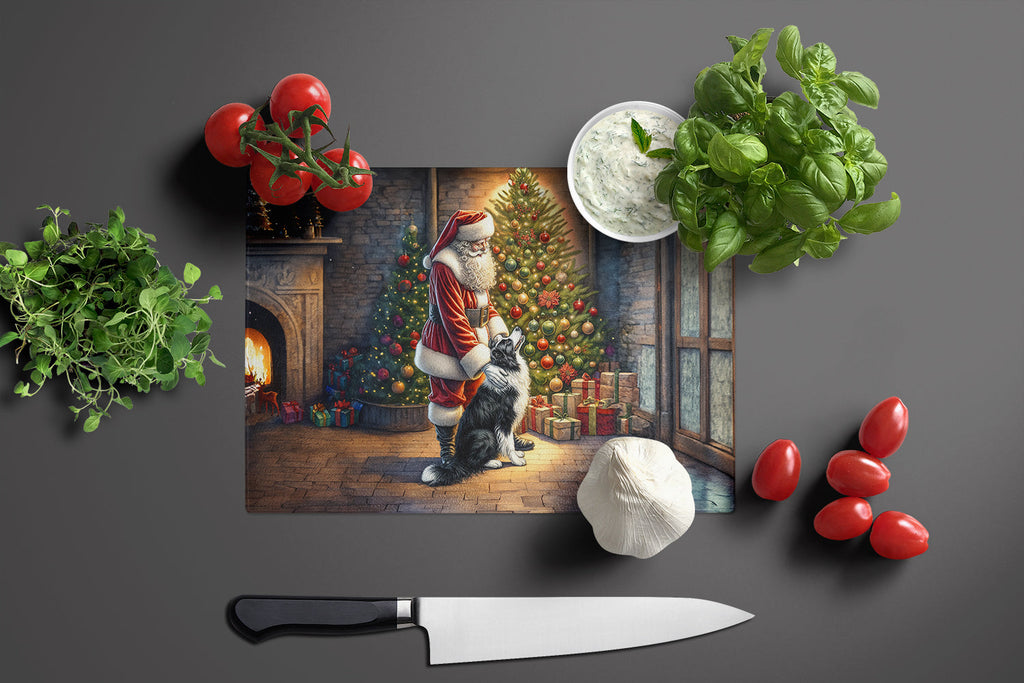 Border Collie and Santa Claus Cutting Board Tempered Glass Kitchen Cutting Surface, Heat Resistant Chopping, Non-Slip Feet, Food Prep & Serving
