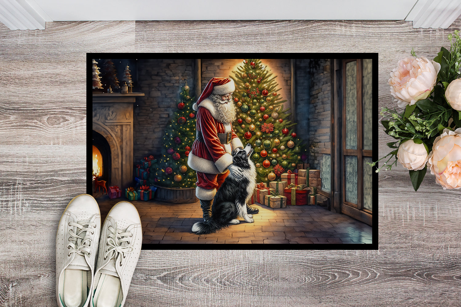 Border Collie and Santa Claus Doormat Indoor Outdoor 18H X 27W Front Door Mat Rugs for Entryway, Non Slip Washable