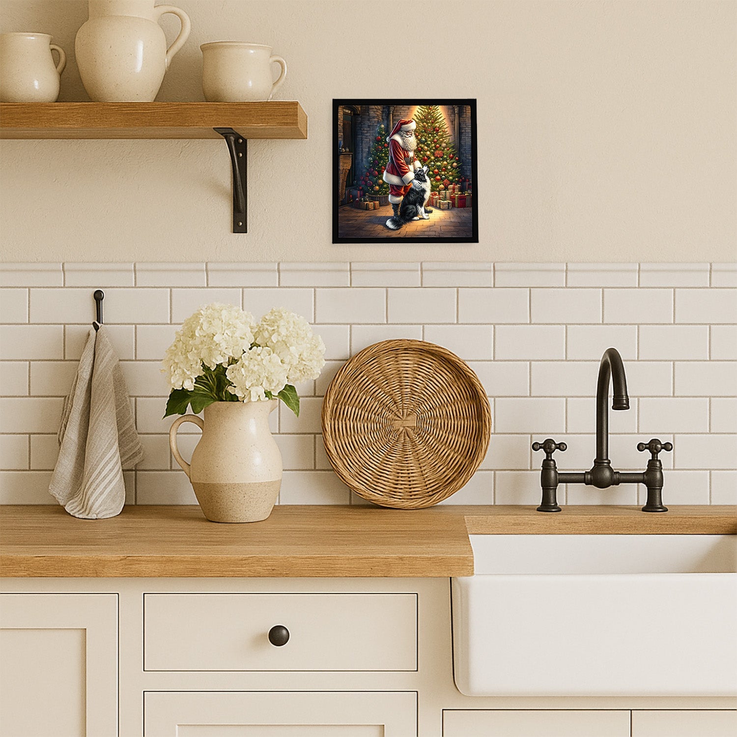 Border Collie and Santa Claus Framed Metal Print Bathroom, Kitchen, Office, Home Decor Wall Art Ready to Hang, Square, 8X8