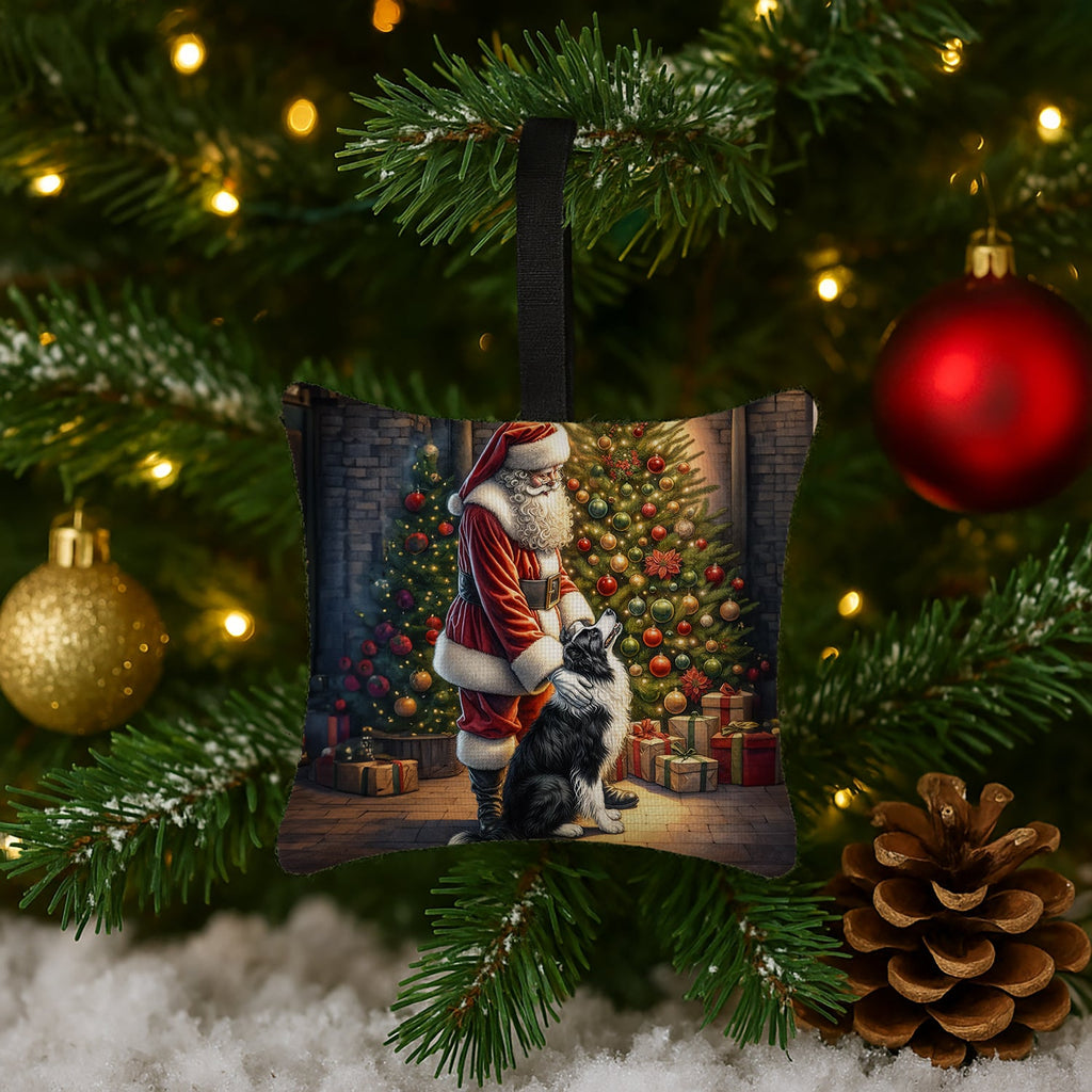 Border Collie and Santa Claus Hanging Square Fabric Ornament 3.5 × 3.5 Decorative Door-Knob & Tree Hanger, Soft Fabric
