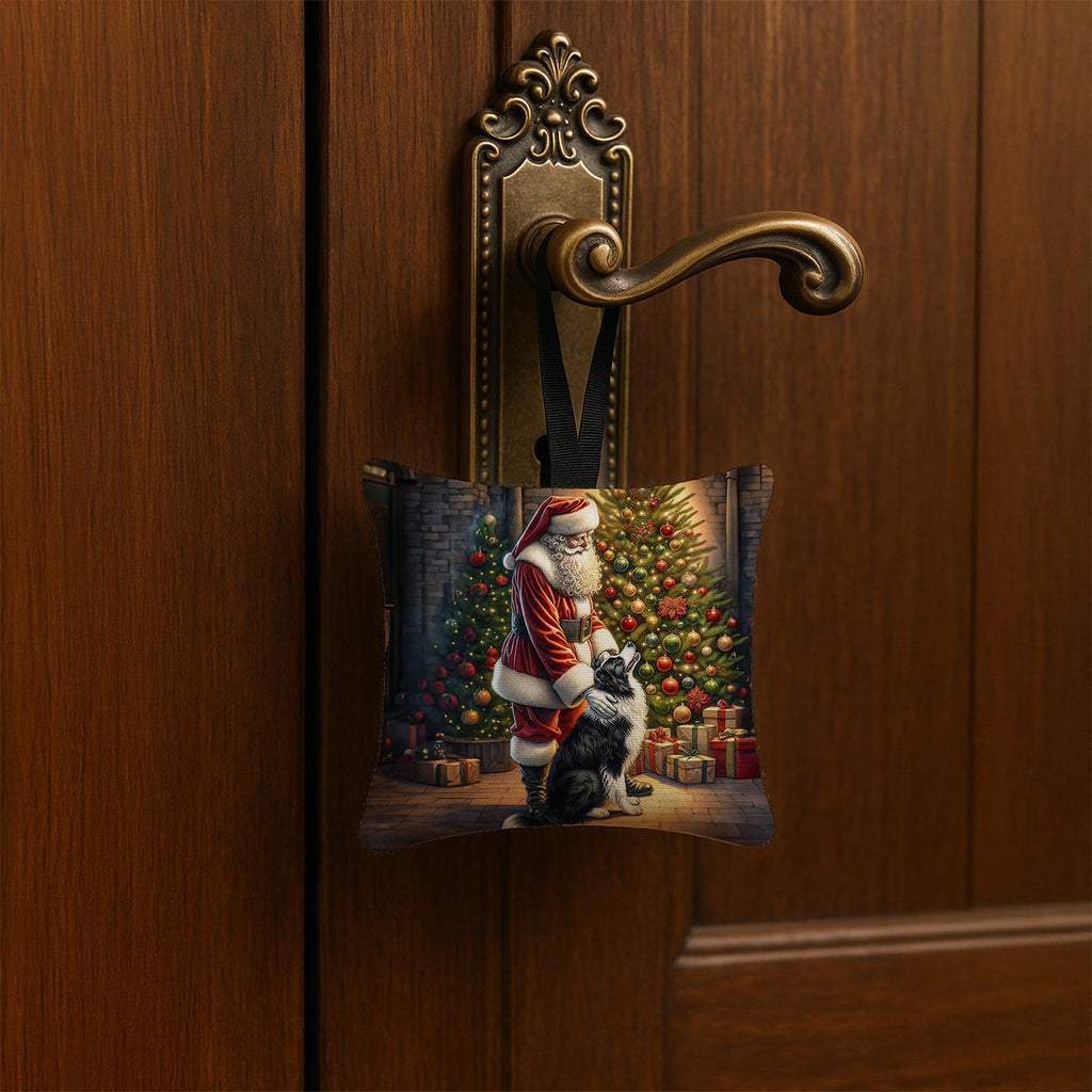 Border Collie and Santa Claus Hanging Square Fabric Ornament 3.5 × 3.5 Decorative Door-Knob & Tree Hanger, Soft Fabric