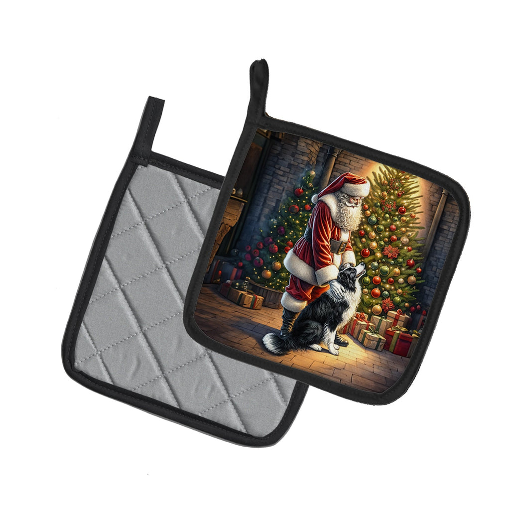 Border Collie and Santa Claus Pot Holder Set of 2 Heat Resistant Quilted Hot Pads 7.5 x 7.5 Inch, Insulated Kitchen Trivets for Cooking & Baking