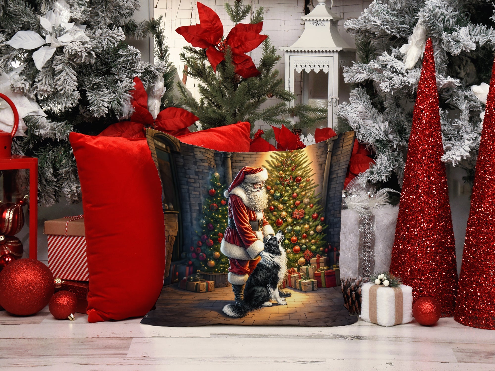 Border Collie and Santa Claus Decorative Throw Pillow 14x14 Indoor Outdoor Accent Cushion, Fabric Cover with Insert for Sofa, Bed, Porch & Living Room