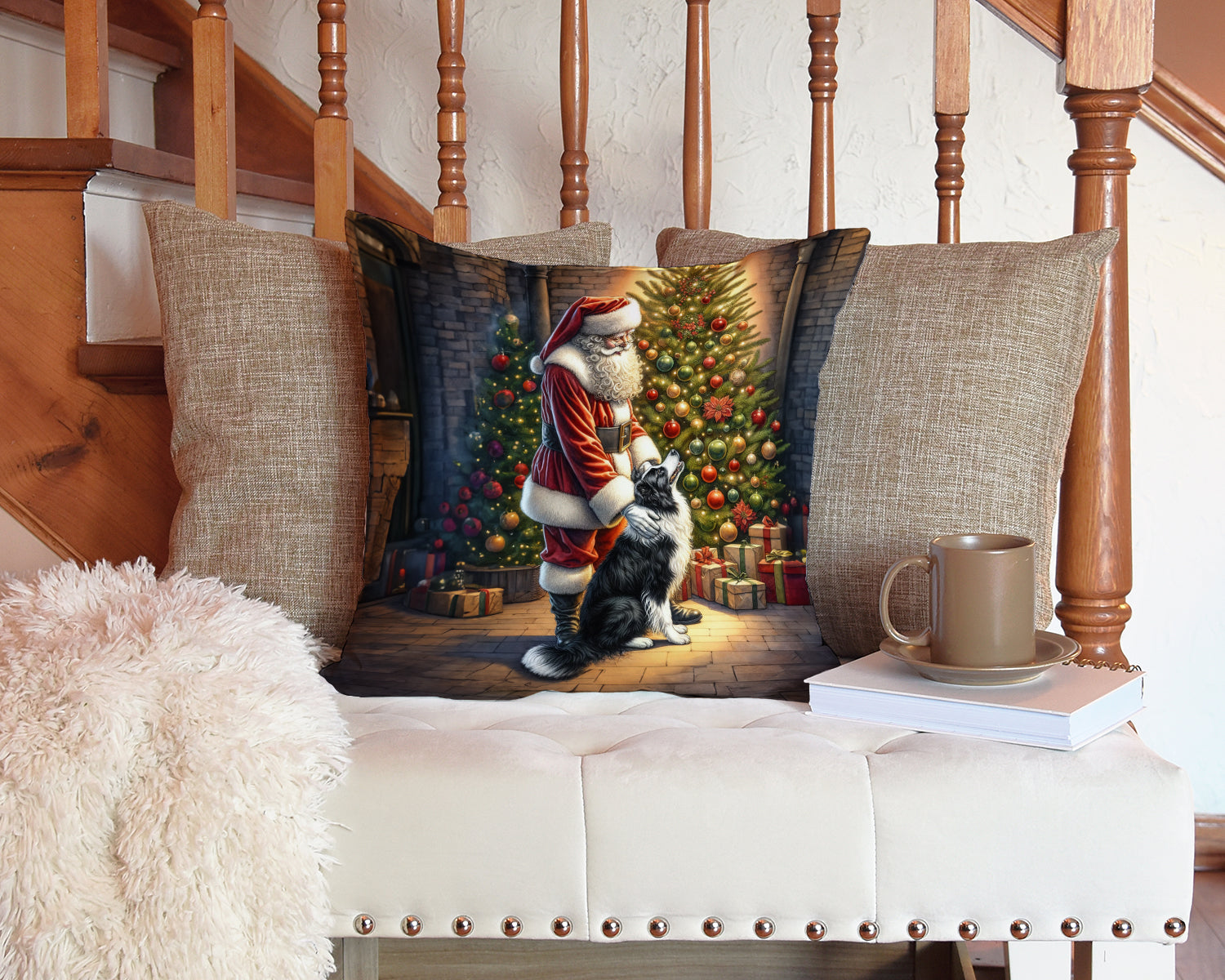Border Collie and Santa Claus Decorative Throw Pillow 14x14 Indoor Outdoor Accent Cushion, Fabric Cover with Insert for Sofa, Bed, Porch & Living Room