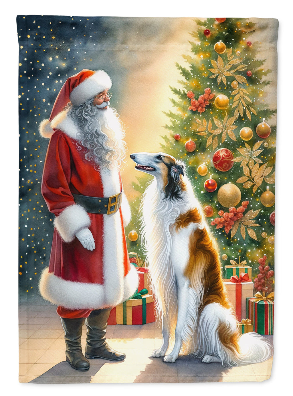 Borzoi and Santa Claus House Flag 28x40 Porch Sleeve Pole Decorative Outside Yard Banner Artwork Wall Hanging, Polyester