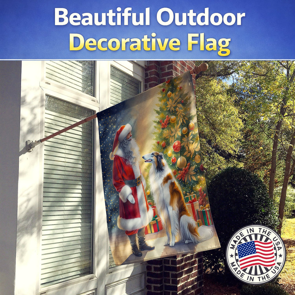 Borzoi and Santa Claus House Flag 28x40 Porch Sleeve Pole Decorative Outside Yard Banner Artwork Wall Hanging, Polyester