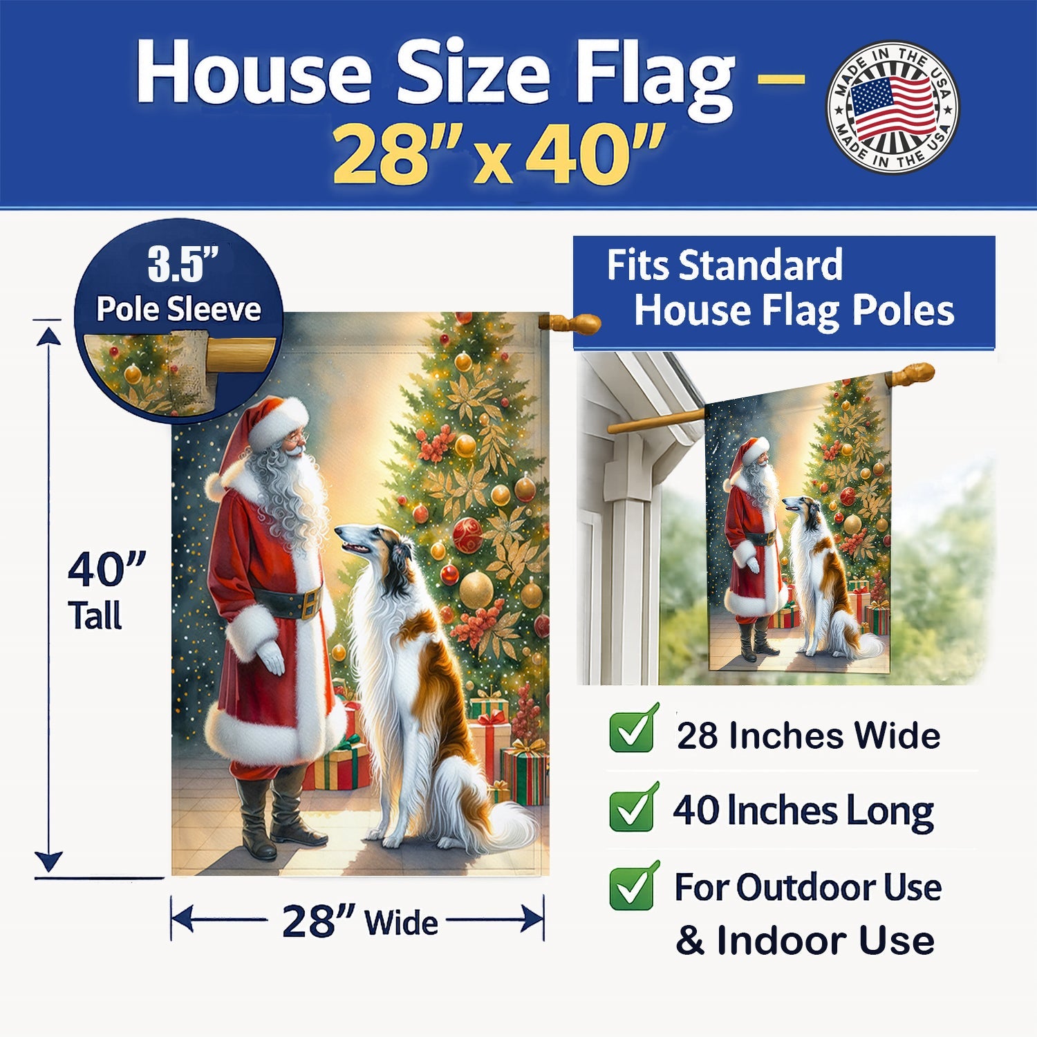 Borzoi and Santa Claus House Flag 28x40 Porch Sleeve Pole Decorative Outside Yard Banner Artwork Wall Hanging, Polyester