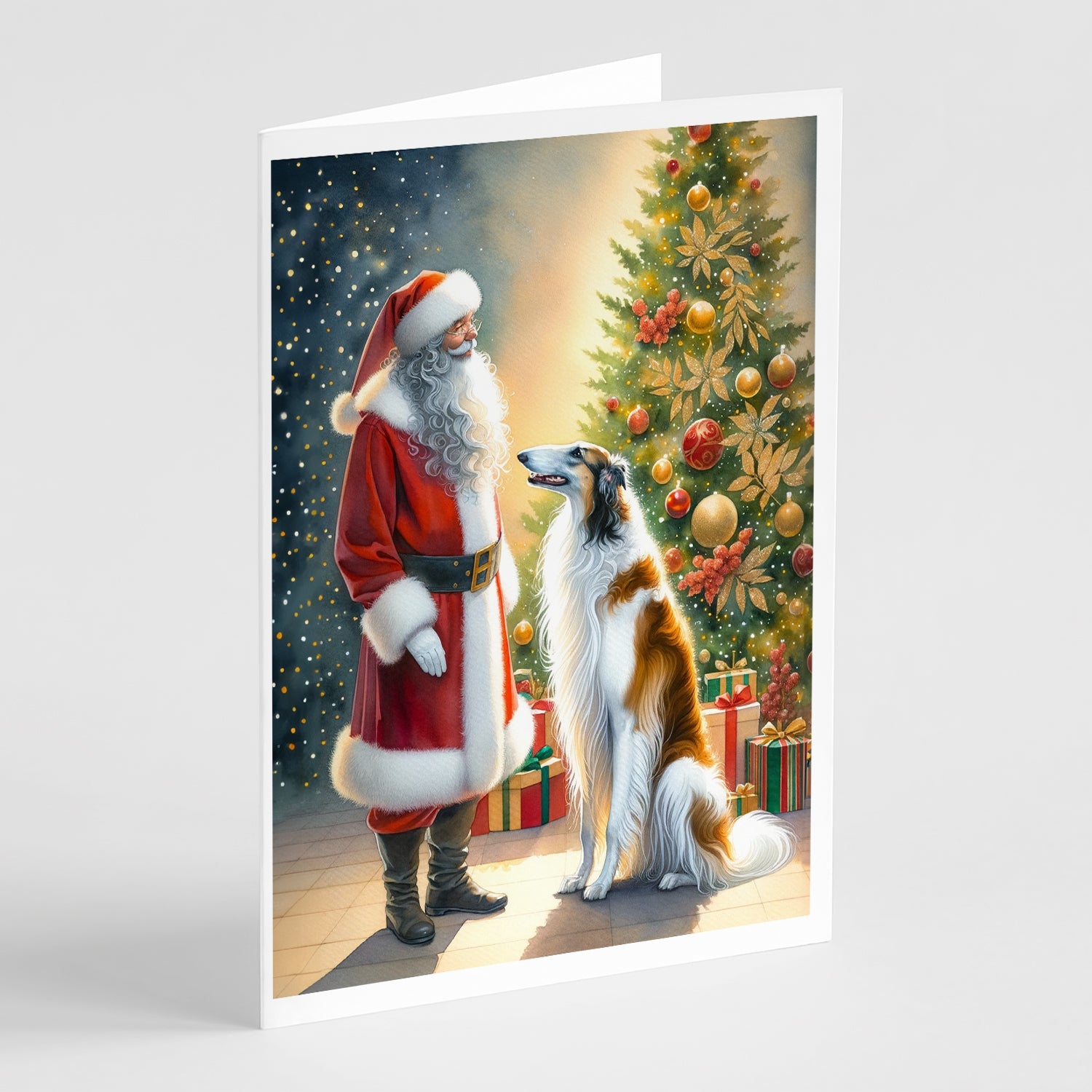 Borzoi and Santa Claus Greeting Cards Pack of 8 Blank Cards with Envelopes Whimsical A7 Size 5x7