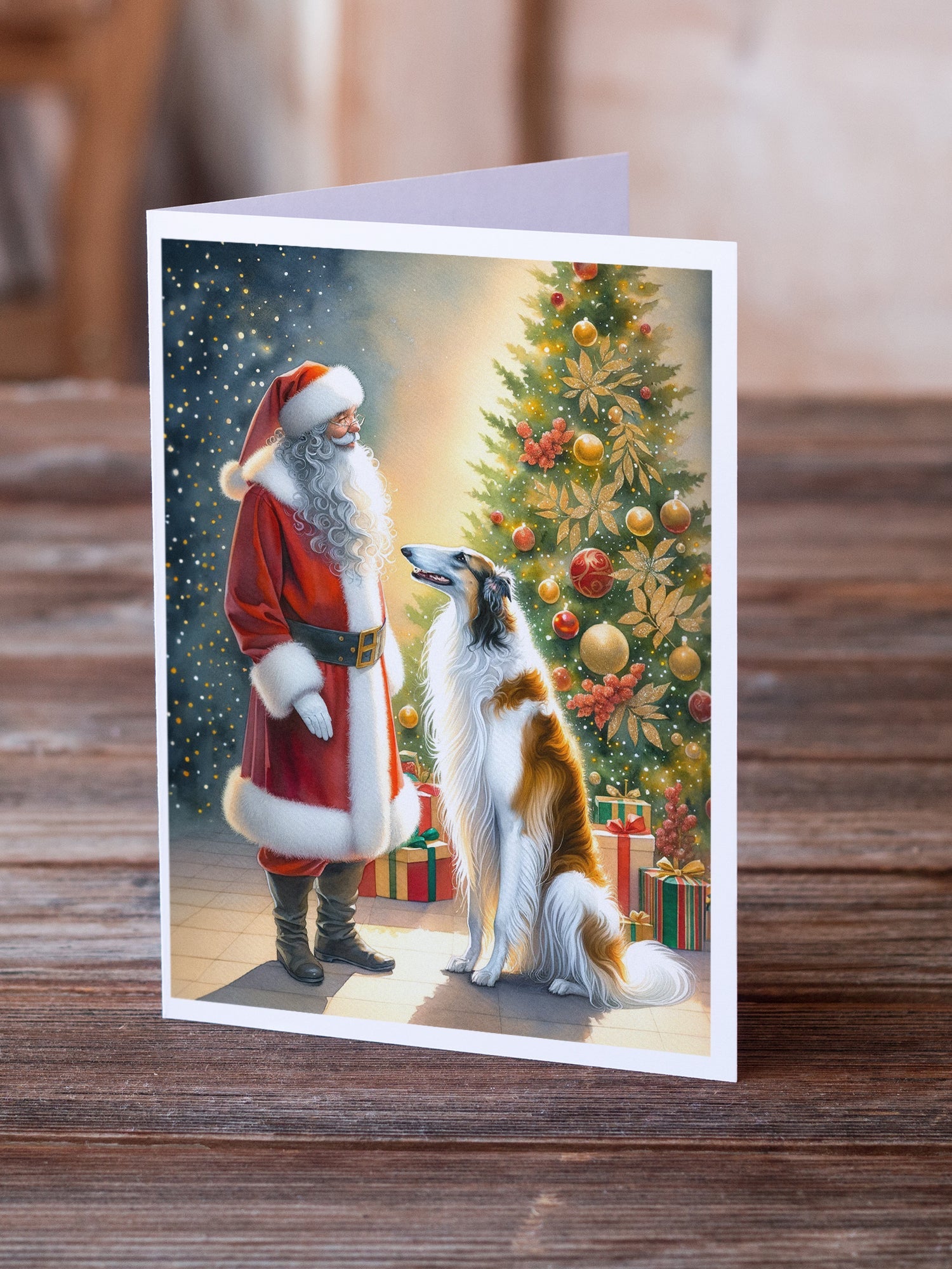 Borzoi and Santa Claus Greeting Cards Pack of 8 Blank Cards with Envelopes Whimsical A7 Size 5x7