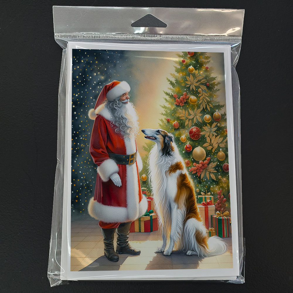 Borzoi and Santa Claus Greeting Cards Pack of 8 Blank Cards with Envelopes Whimsical A7 Size 5x7
