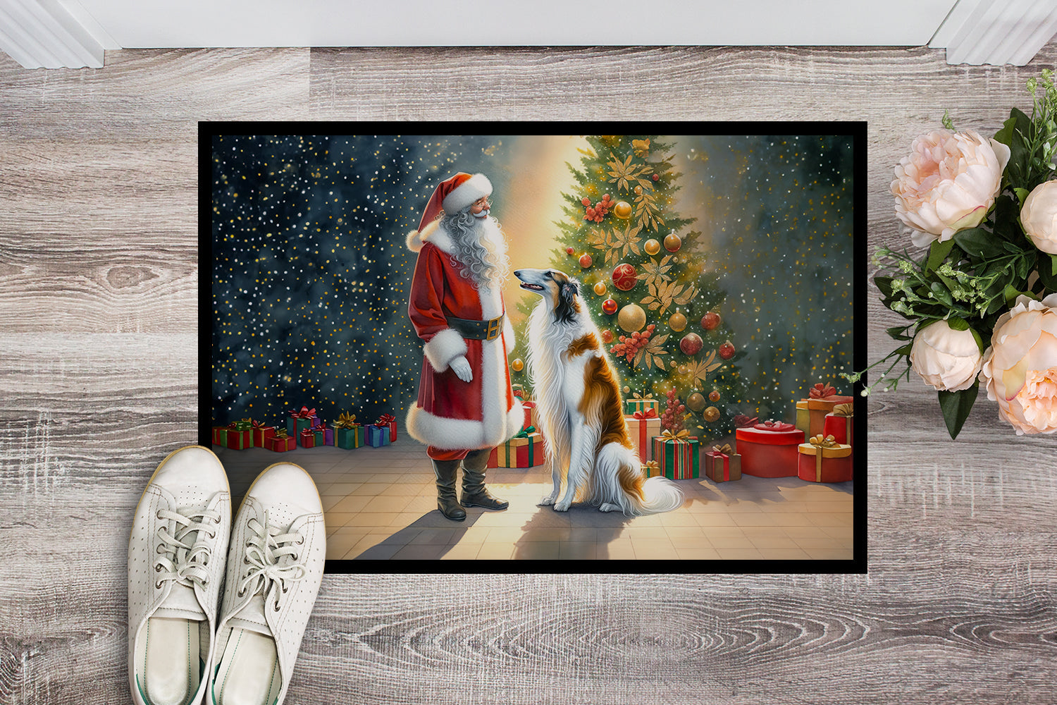 Borzoi and Santa Claus Doormat Indoor Outdoor 24H X 36W Front Door Mat Rugs for Entryway, Non Slip Washable Low Pile,