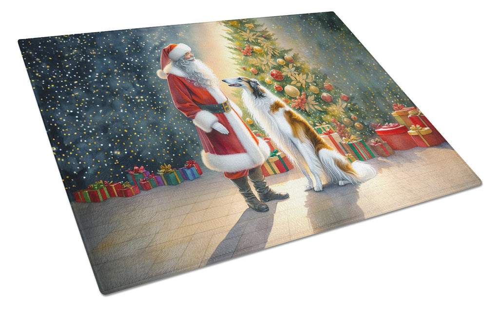 Borzoi and Santa Claus Cutting Board Tempered Glass Kitchen Cutting Surface, Heat Resistant Chopping, Non-Slip Feet, Food Prep & Serving