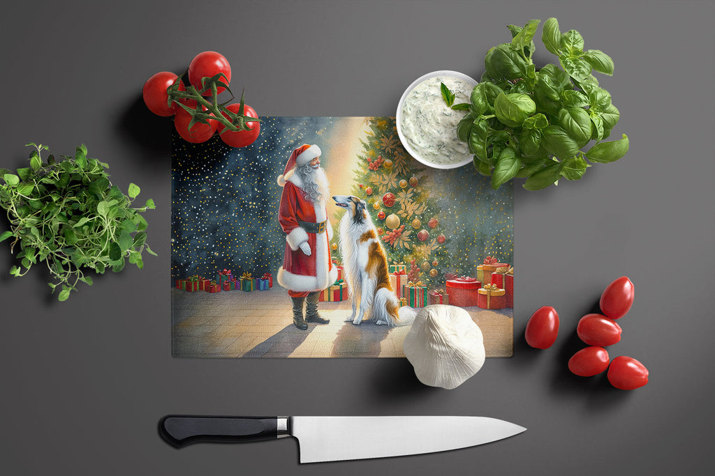 Borzoi and Santa Claus Cutting Board Tempered Glass Kitchen Cutting Surface, Heat Resistant Chopping, Non-Slip Feet, Food Prep & Serving