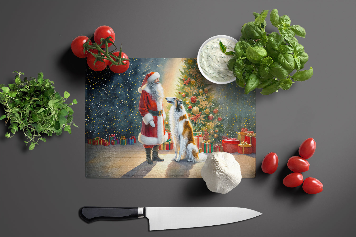 Borzoi and Santa Claus Cutting Board Tempered Glass Kitchen Cutting Surface, Heat Resistant Chopping, Non-Slip Feet, Food Prep & Serving