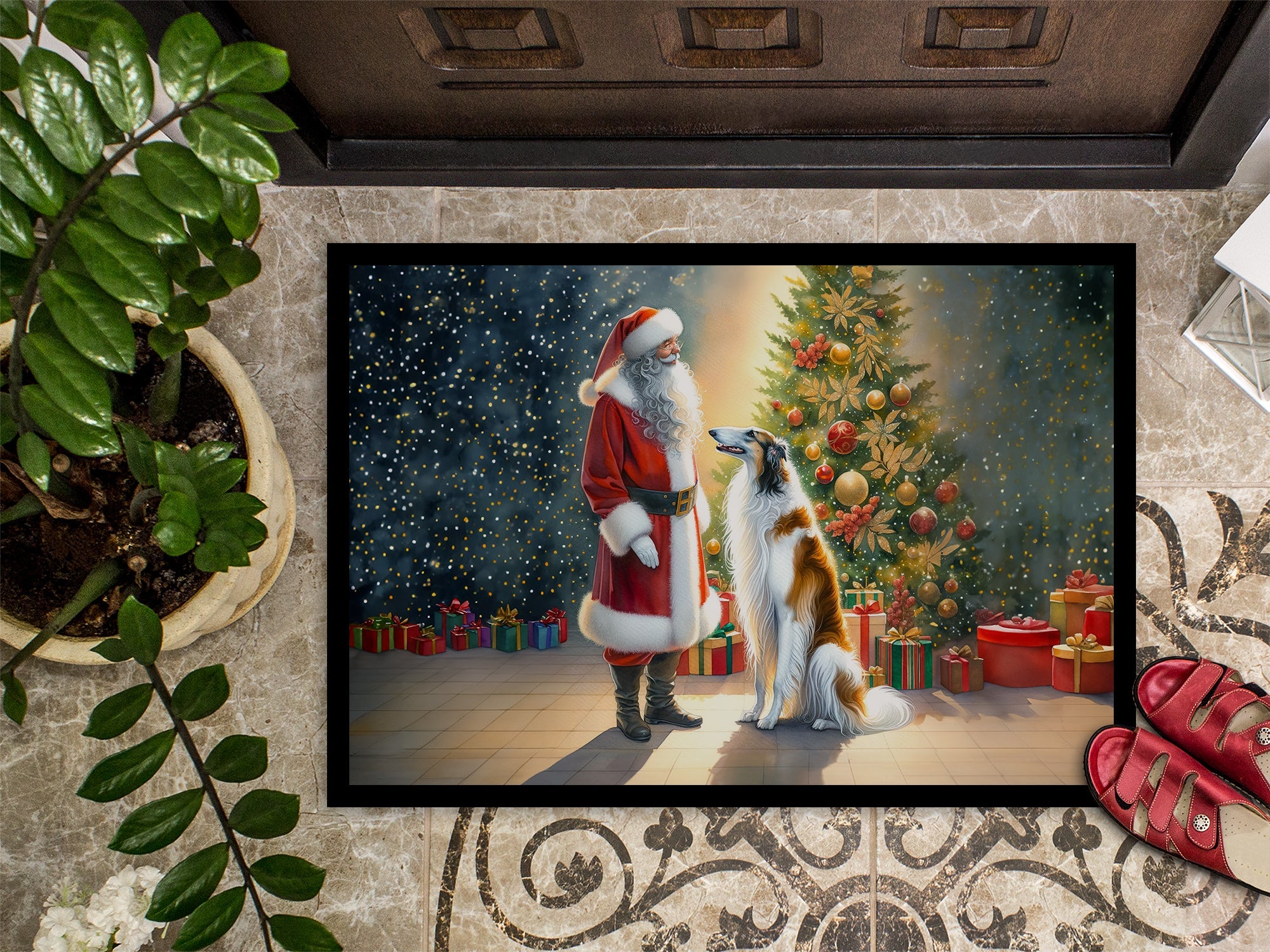 Borzoi and Santa Claus Doormat Indoor Outdoor 18H X 27W Front Door Mat Rugs for Entryway, Non Slip Washable