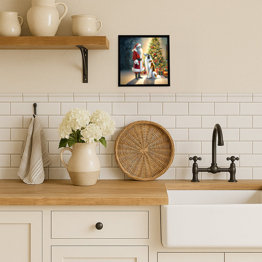 Borzoi and Santa Claus Framed Metal Print Bathroom, Kitchen, Office, Home Decor Wall Art Ready to Hang, Square, 8X8
