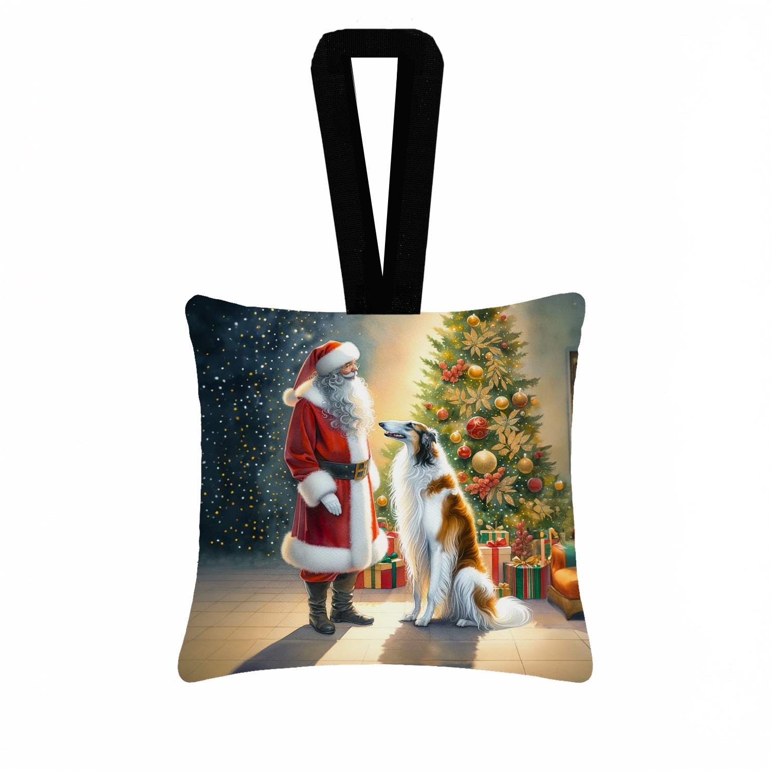 Borzoi and Santa Claus Hanging Square Fabric Ornament 3.5 × 3.5 Decorative Door-Knob & Tree Hanger, Soft Fabric