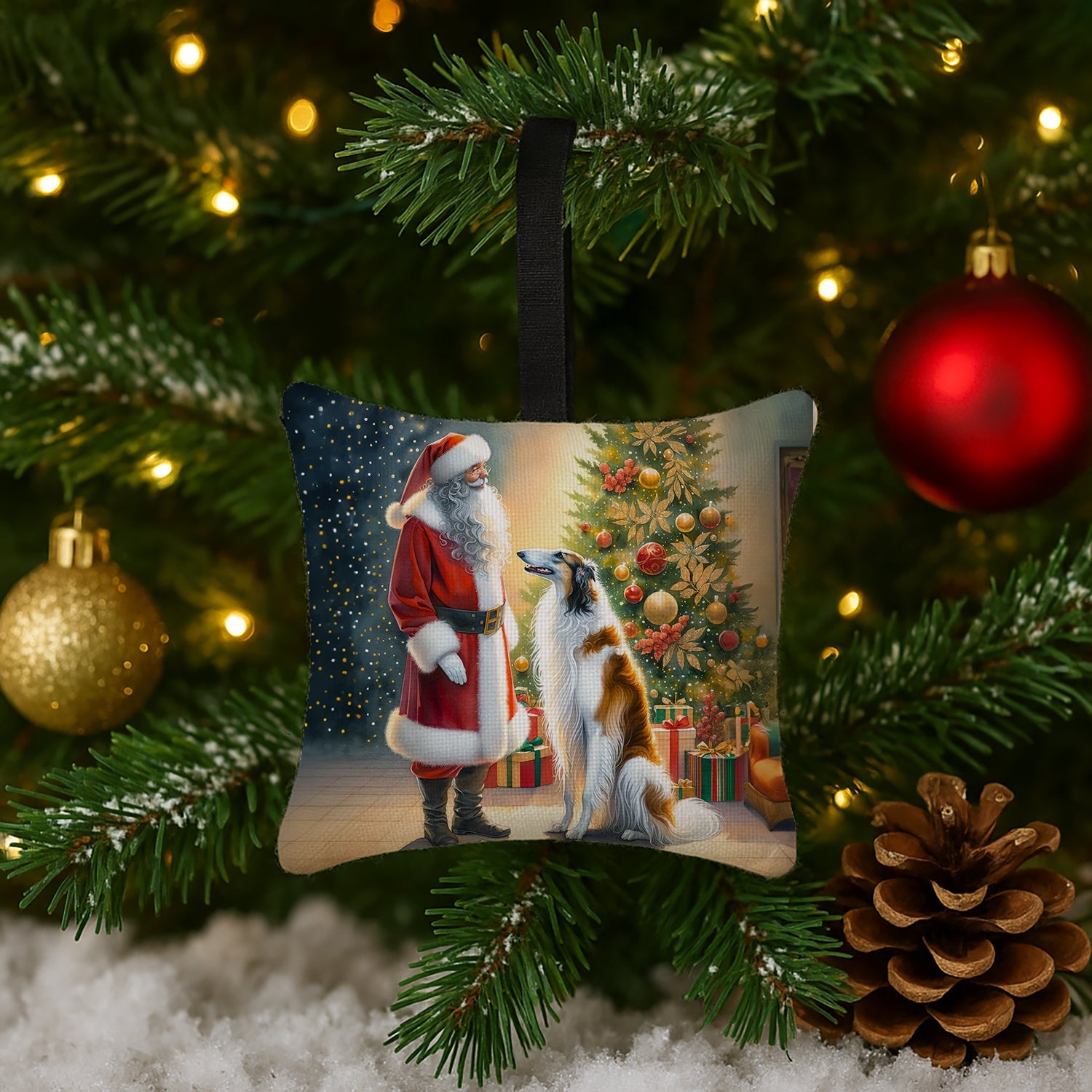 Borzoi and Santa Claus Hanging Square Fabric Ornament 3.5 × 3.5 Decorative Door-Knob & Tree Hanger, Soft Fabric