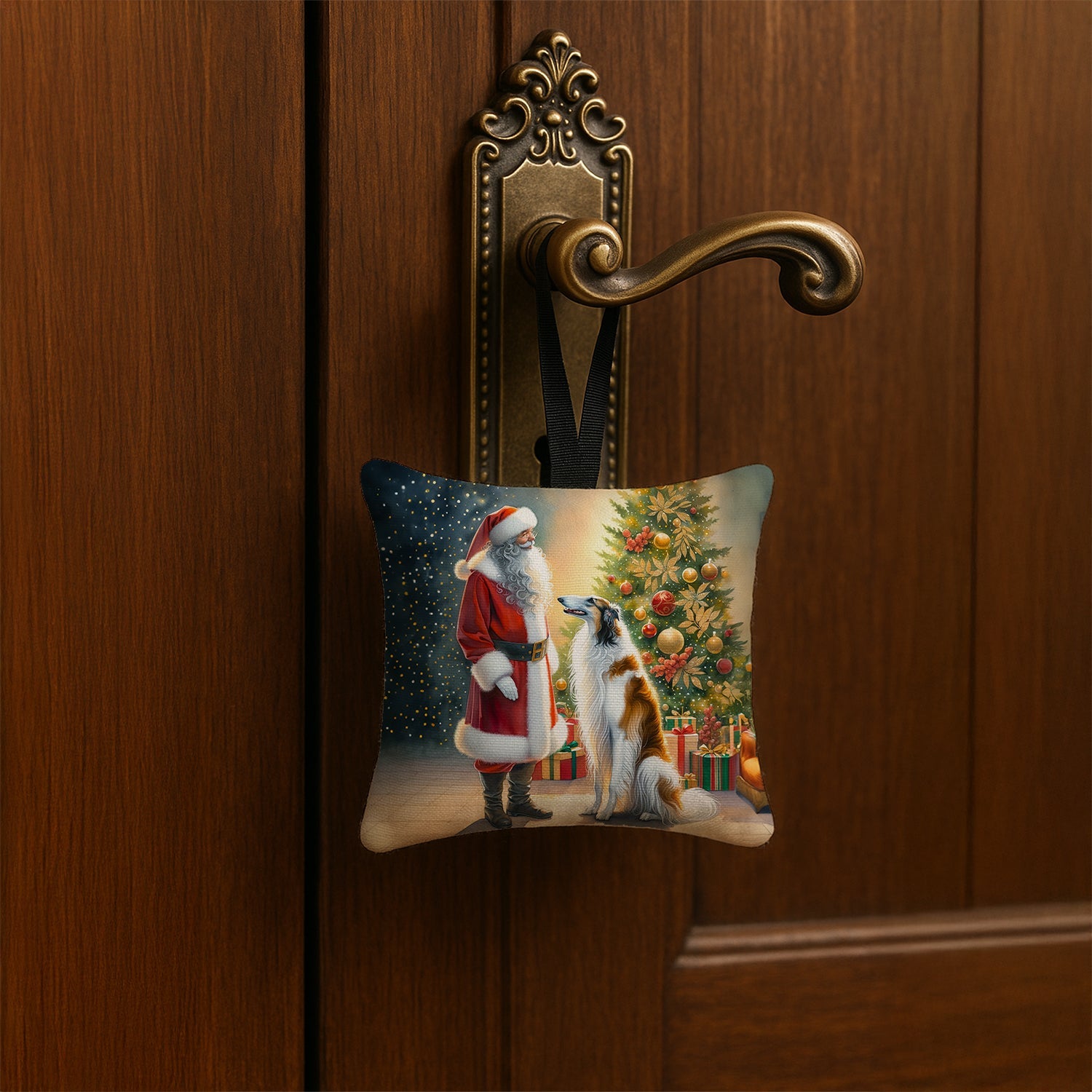 Borzoi and Santa Claus Hanging Square Fabric Ornament 3.5 × 3.5 Decorative Door-Knob & Tree Hanger, Soft Fabric