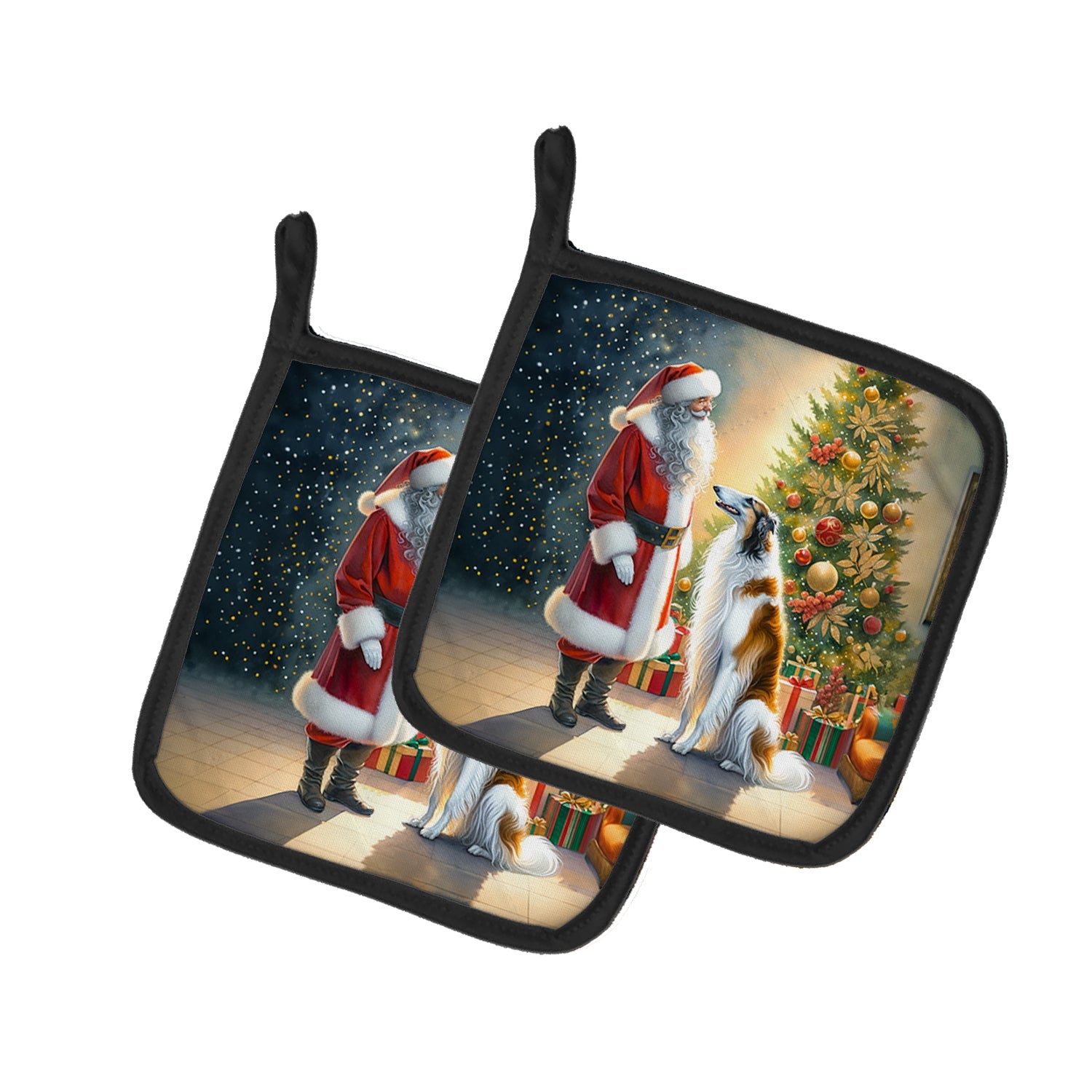 Borzoi and Santa Claus Pot Holder Set of 2 Heat Resistant Quilted Hot Pads 7.5 x 7.5 Inch, Insulated Kitchen Trivets for Cooking & Baking