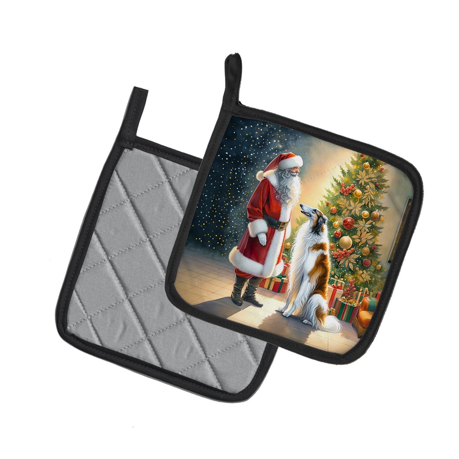 Borzoi and Santa Claus Pot Holder Set of 2 Heat Resistant Quilted Hot Pads 7.5 x 7.5 Inch, Insulated Kitchen Trivets for Cooking & Baking