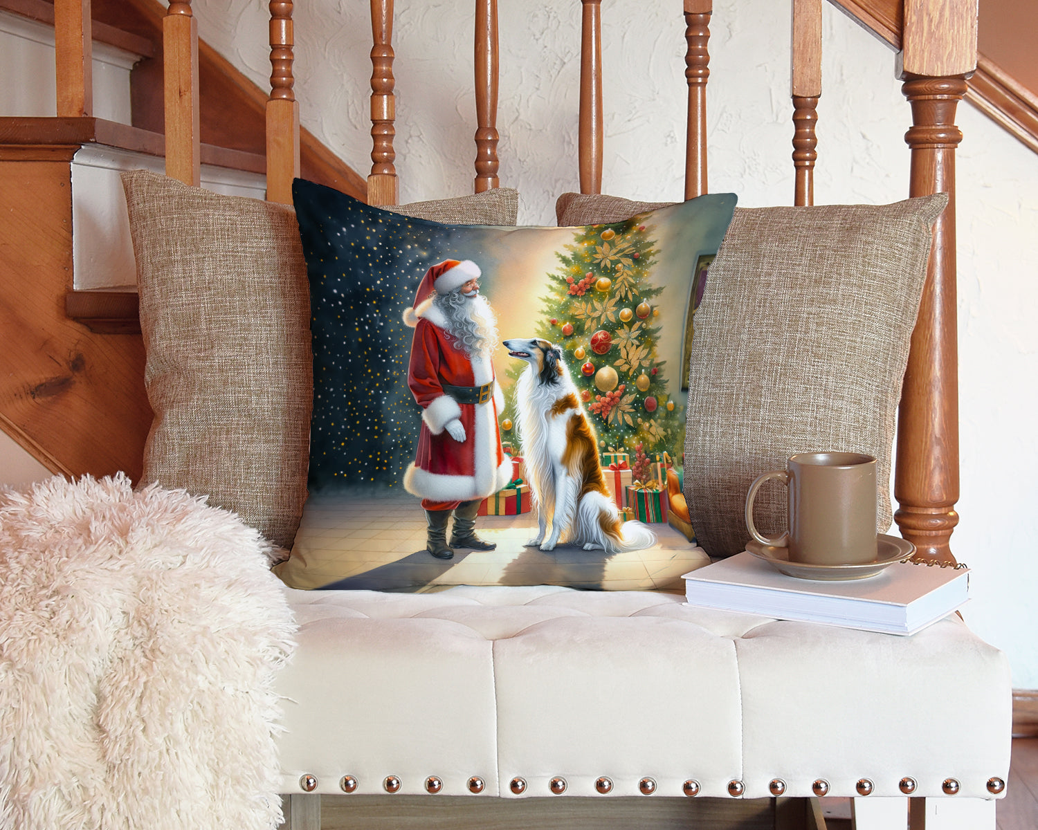 Borzoi and Santa Claus Decorative Throw Pillow 14x14 Indoor Outdoor Accent Cushion, Fabric Cover with Insert for Sofa, Bed, Porch & Living Room