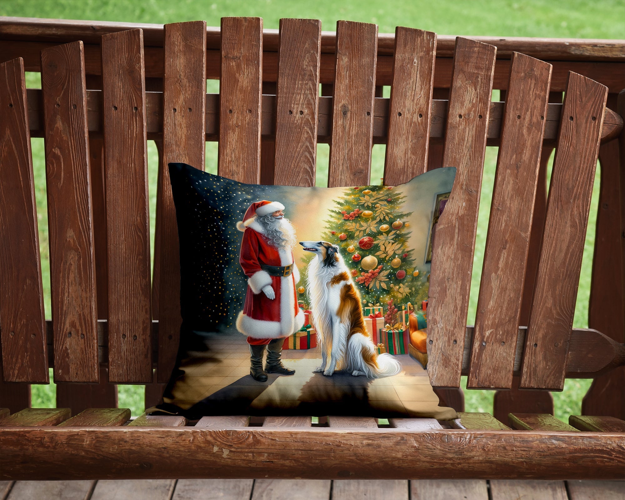 Borzoi and Santa Claus Decorative Throw Pillow 14x14 Indoor Outdoor Accent Cushion, Fabric Cover with Insert for Sofa, Bed, Porch & Living Room