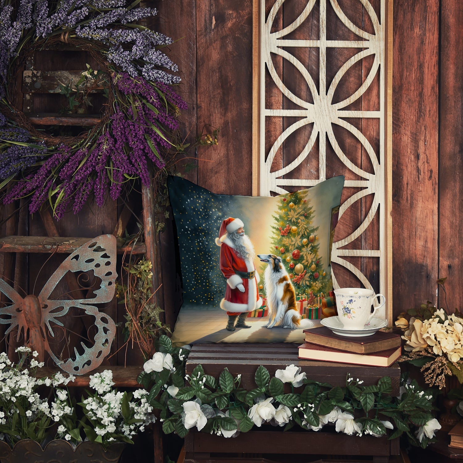 Borzoi and Santa Claus Decorative Throw Pillow 18x18 Indoor Outdoor Accent Cushion, Fabric Cover with Insert for Sofa, Bed, Porch & Living Room