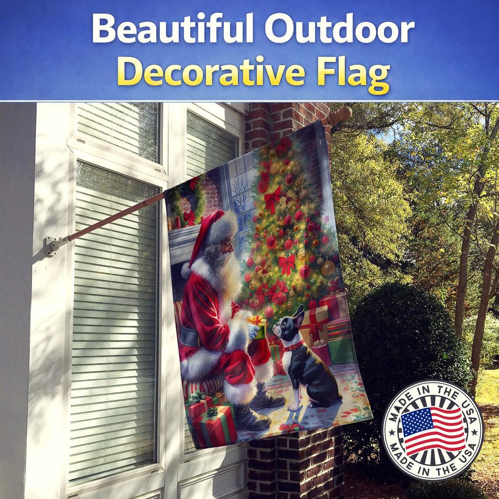 Boston Terrier and Santa Claus House Flag 28x40 Porch Sleeve Pole Decorative Outside Yard Banner Artwork Wall Hanging, Polyester