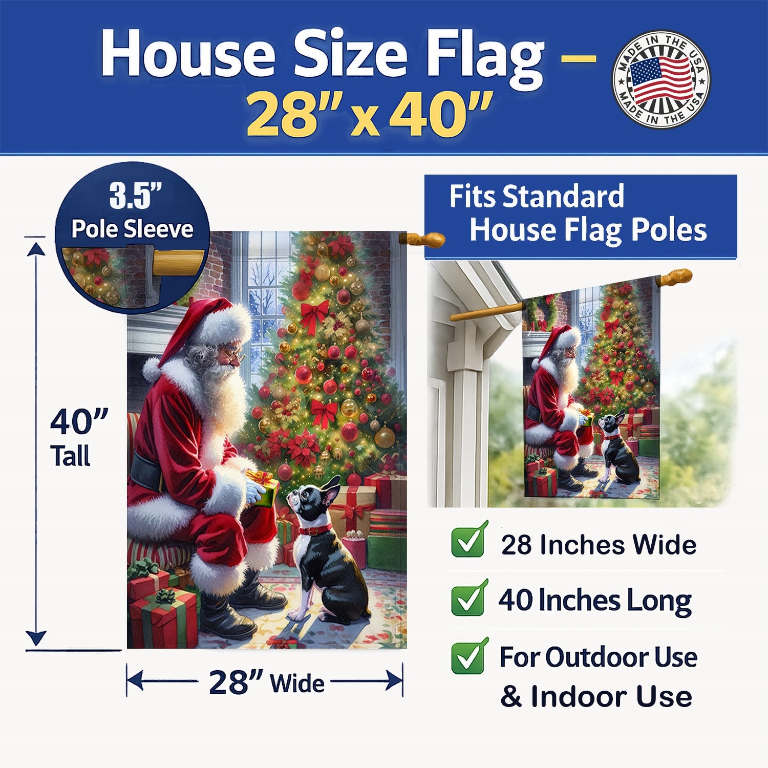 Boston Terrier and Santa Claus House Flag 28x40 Porch Sleeve Pole Decorative Outside Yard Banner Artwork Wall Hanging, Polyester