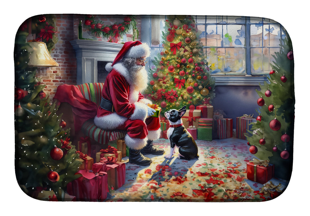 Boston Terrier and Santa Claus Dish Drying Mat Absorbent Dish Drying Mat Pad for Kitchen Counter Dish Drainer Mat for Countertop, 14 x 21", Multicolor