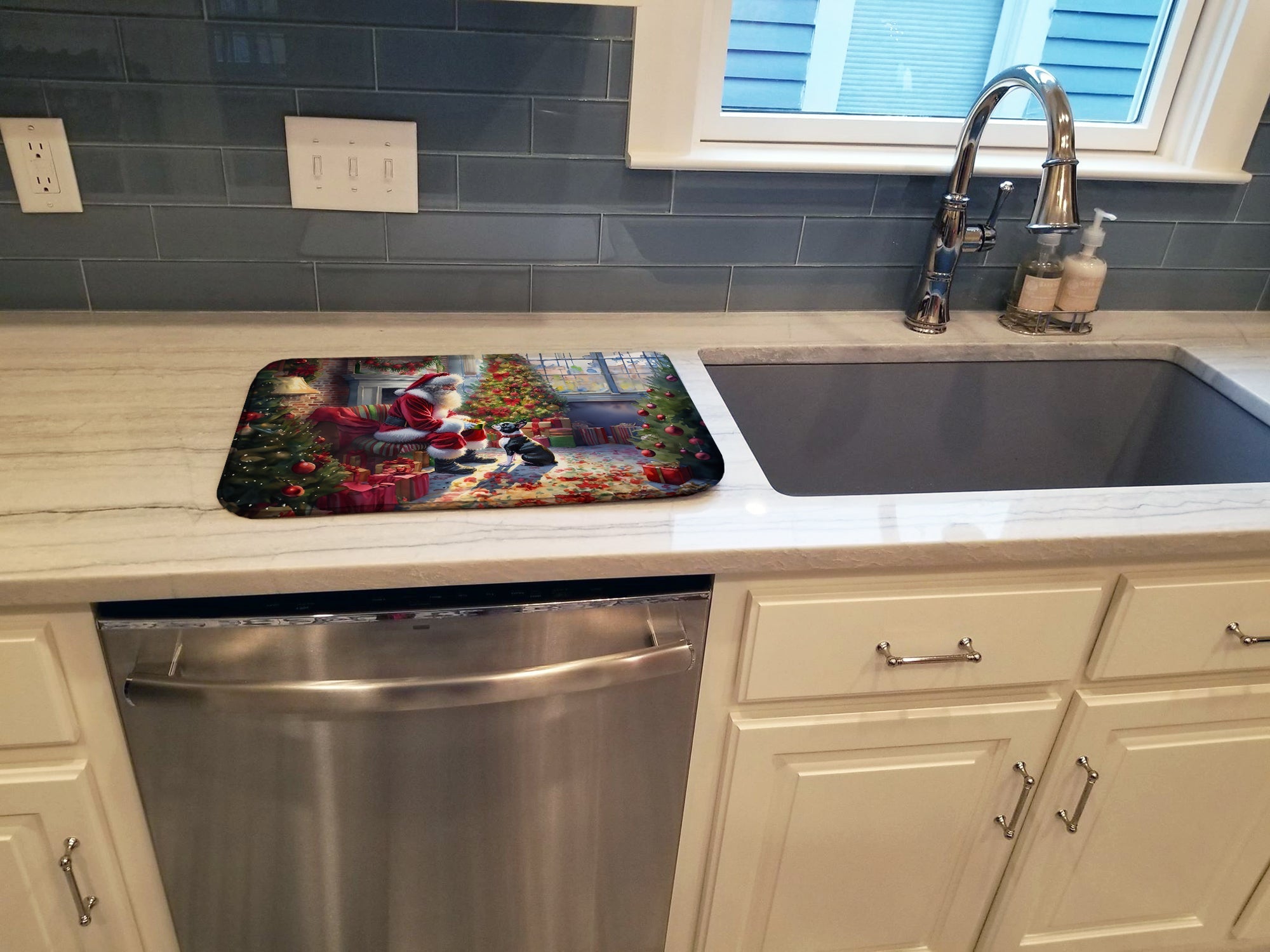 Boston Terrier and Santa Claus Dish Drying Mat Absorbent Dish Drying Mat Pad for Kitchen Counter Dish Drainer Mat for Countertop, 14 x 21", Multicolor