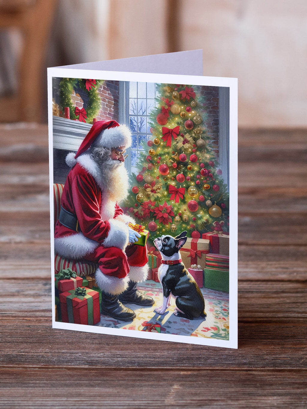 Boston Terrier and Santa Claus Greeting Cards Pack of 8 Blank Cards with Envelopes Whimsical A7 Size 5x7