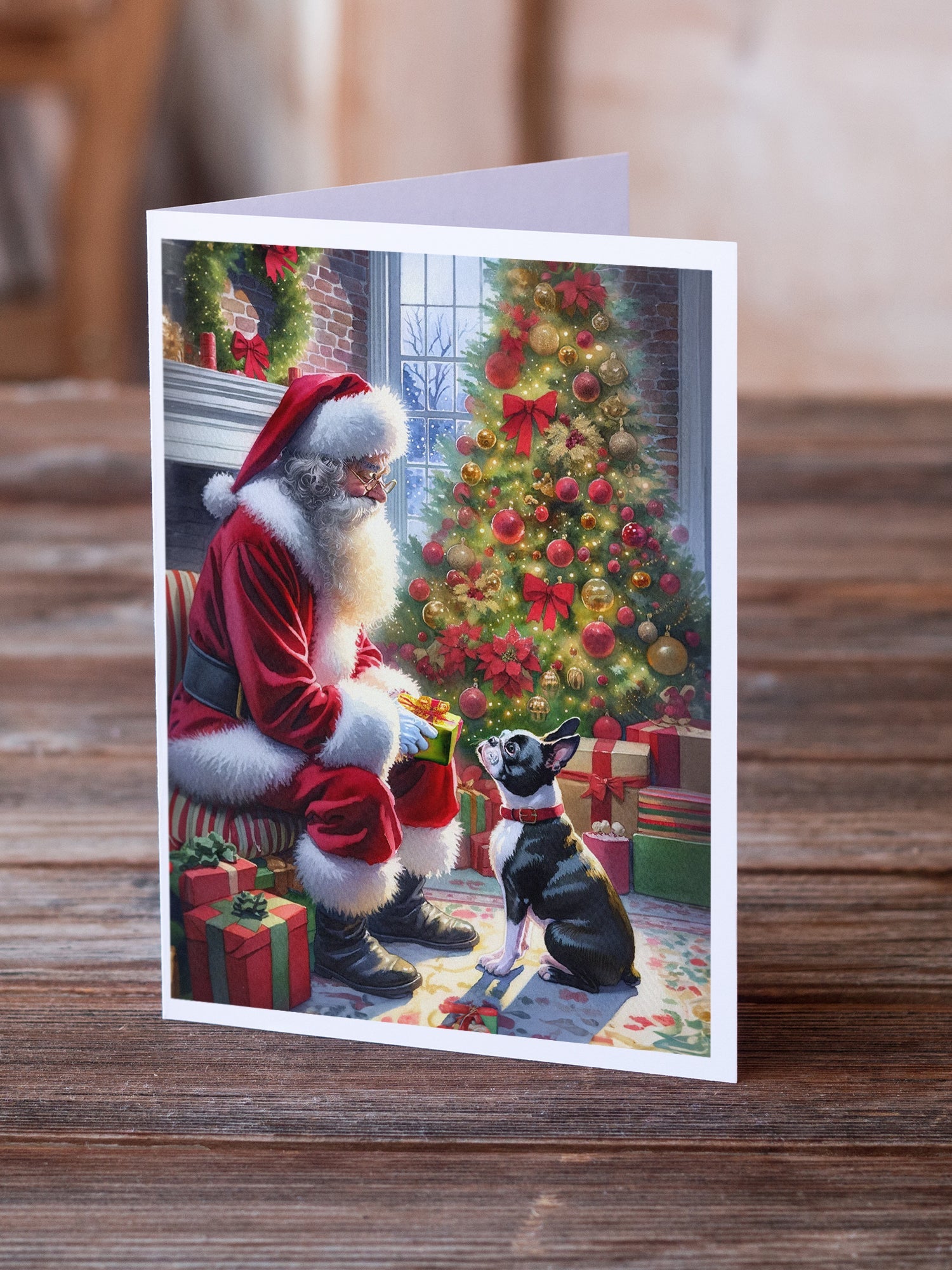 Boston Terrier and Santa Claus Greeting Cards Pack of 8 Blank Cards with Envelopes Whimsical A7 Size 5x7
