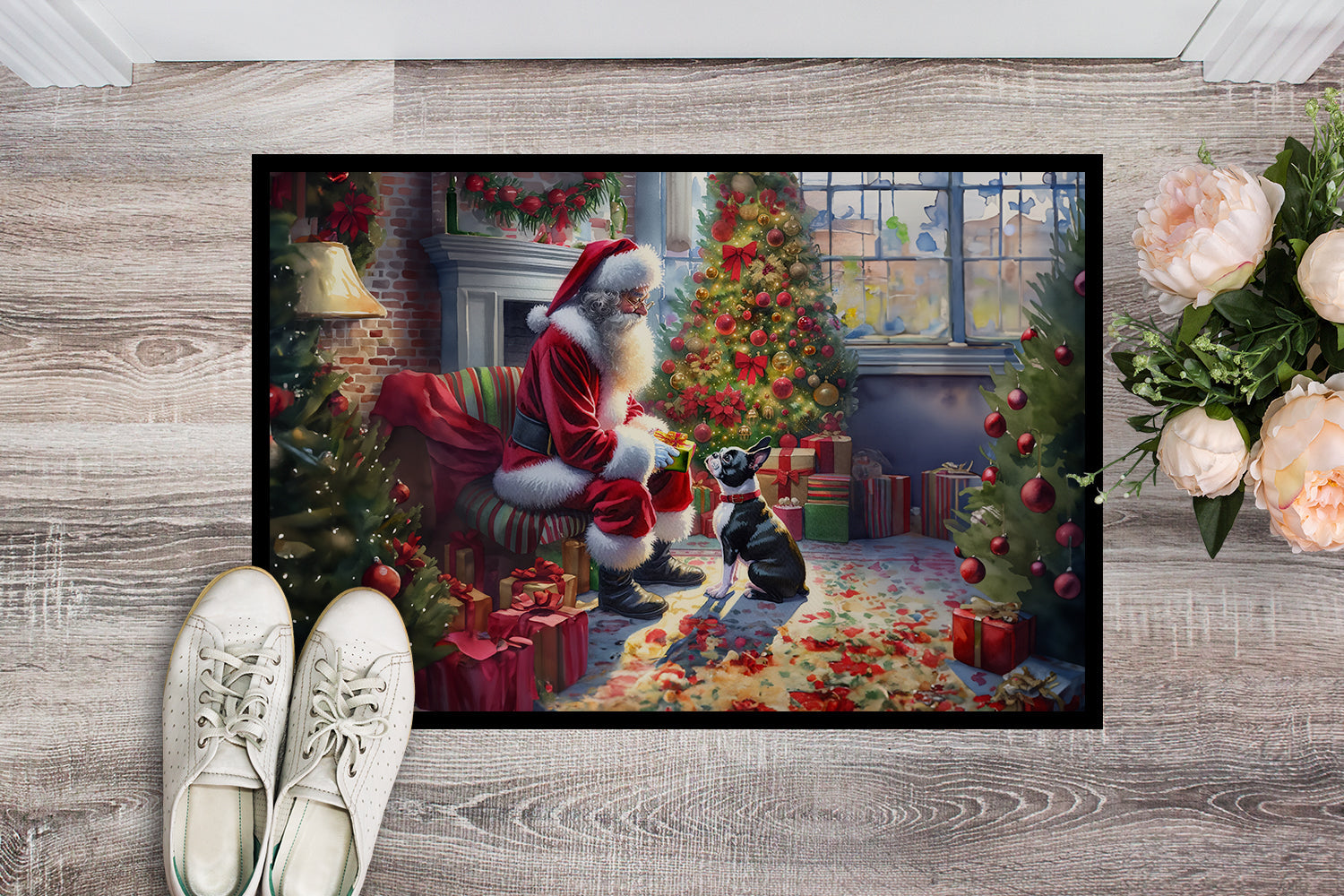Boston Terrier and Santa Claus Doormat Indoor Outdoor 24H X 36W Front Door Mat Rugs for Entryway, Non Slip Washable Low Pile,
