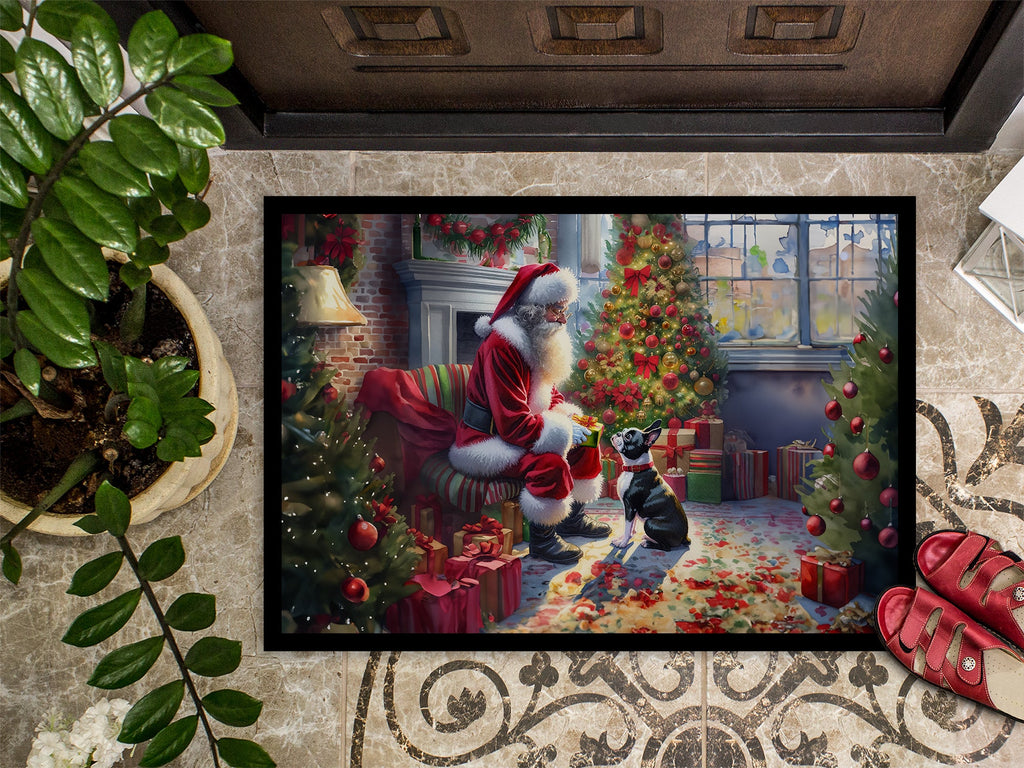 Boston Terrier and Santa Claus Doormat Indoor Outdoor 24H X 36W Front Door Mat Rugs for Entryway, Non Slip Washable Low Pile,