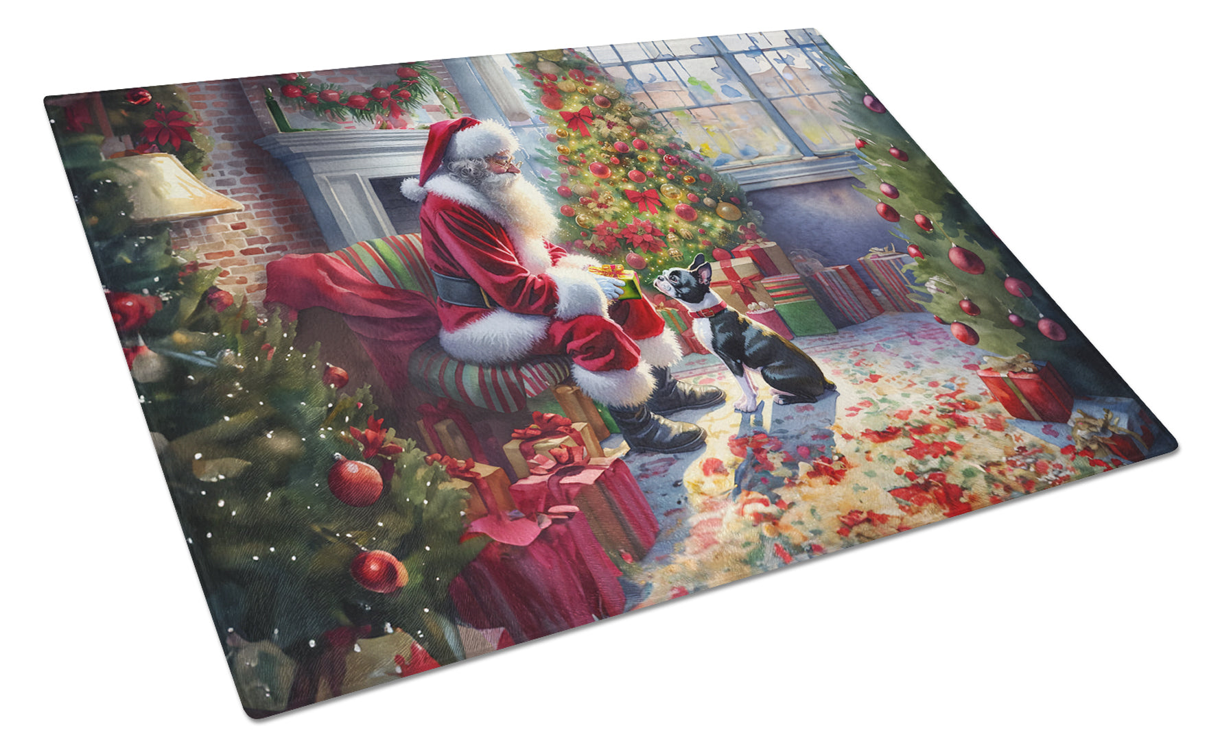 Boston Terrier and Santa Claus Cutting Board Tempered Glass Kitchen Cutting Surface, Heat Resistant Chopping, Non-Slip Feet, Food Prep & Serving