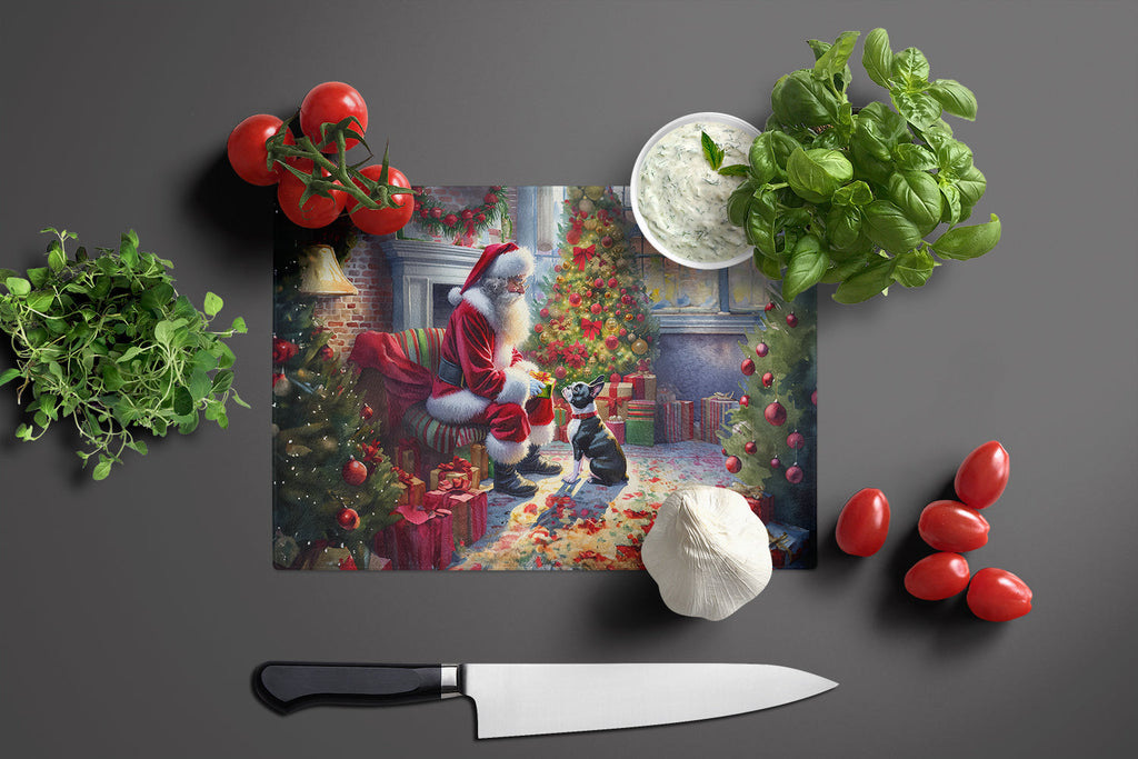 Boston Terrier and Santa Claus Cutting Board Tempered Glass Kitchen Cutting Surface, Heat Resistant Chopping, Non-Slip Feet, Food Prep & Serving