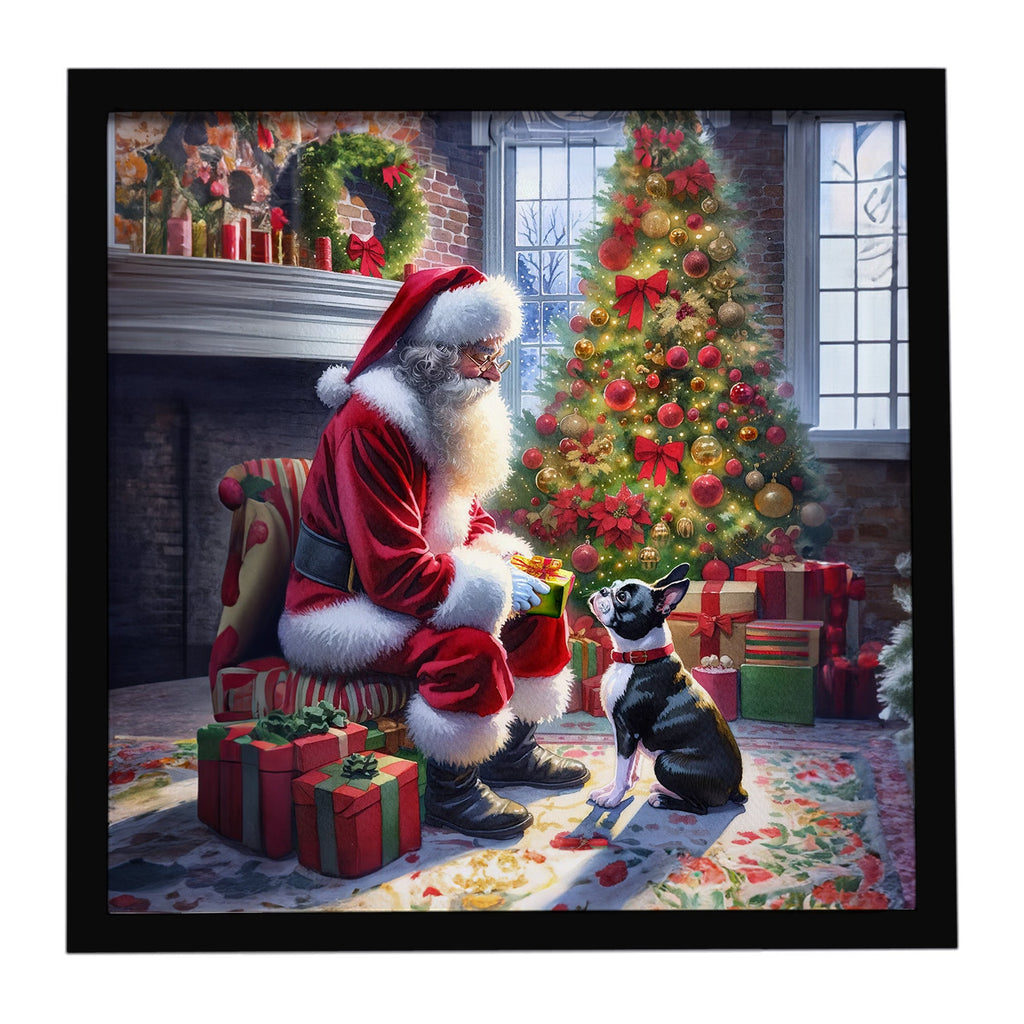 Boston Terrier and Santa Claus Framed Metal Print Bathroom, Kitchen, Office, Home Decor Wall Art Ready to Hang, Square, 8X8