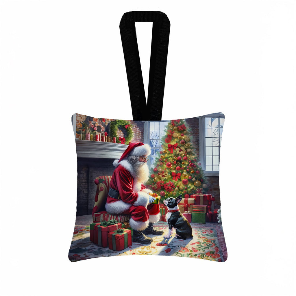 Boston Terrier and Santa Claus Hanging Square Fabric Ornament 3.5 × 3.5 Decorative Door-Knob & Tree Hanger, Soft Fabric