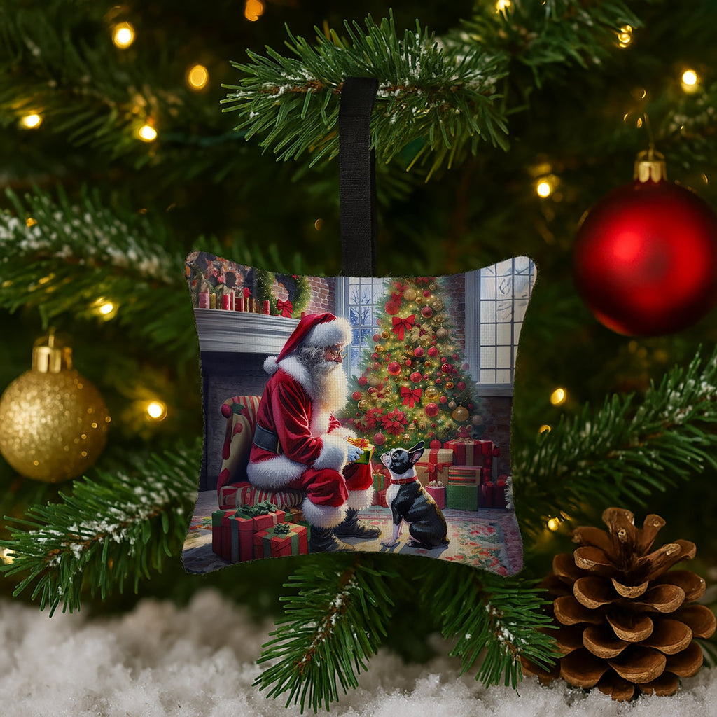 Boston Terrier and Santa Claus Hanging Square Fabric Ornament 3.5 × 3.5 Decorative Door-Knob & Tree Hanger, Soft Fabric
