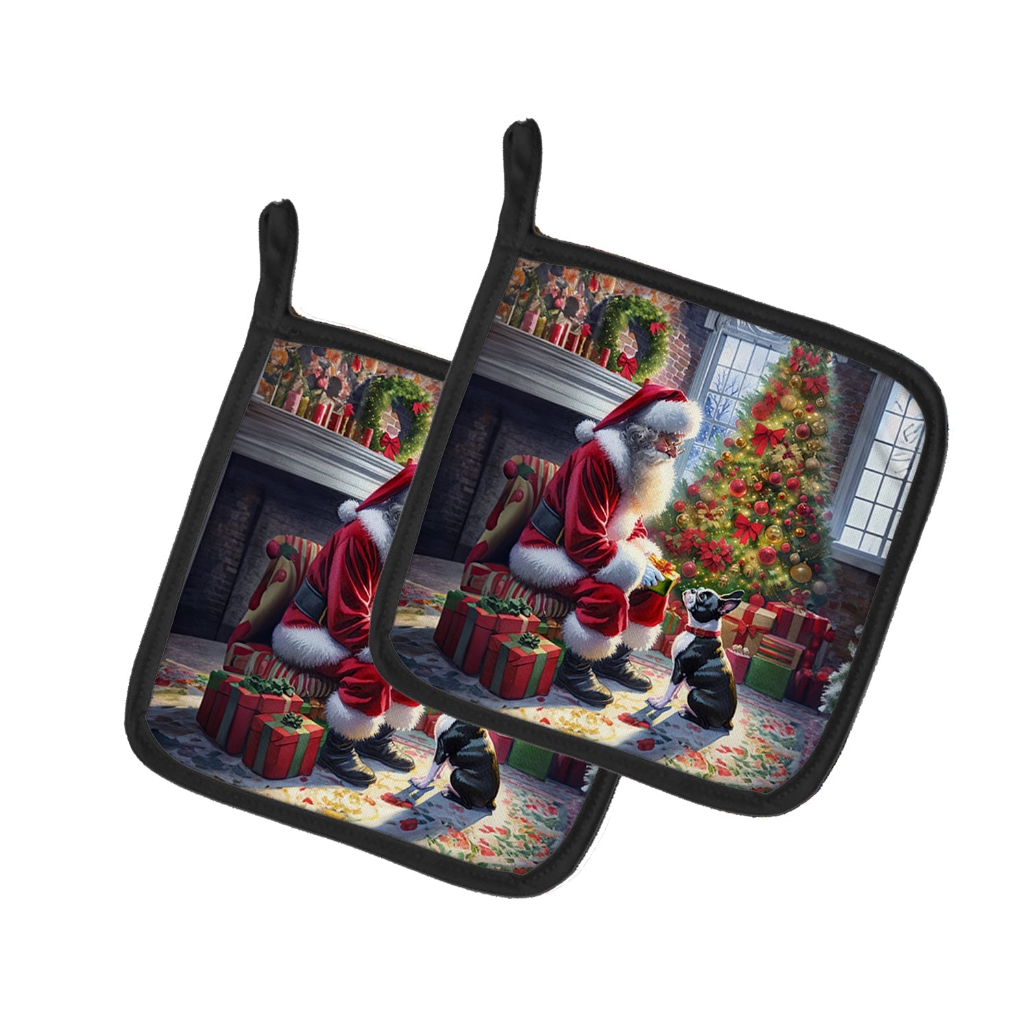 Boston Terrier and Santa Claus Pot Holder Set of 2 Heat Resistant Quilted Hot Pads 7.5 x 7.5 Inch, Insulated Kitchen Trivets for Cooking & Baking